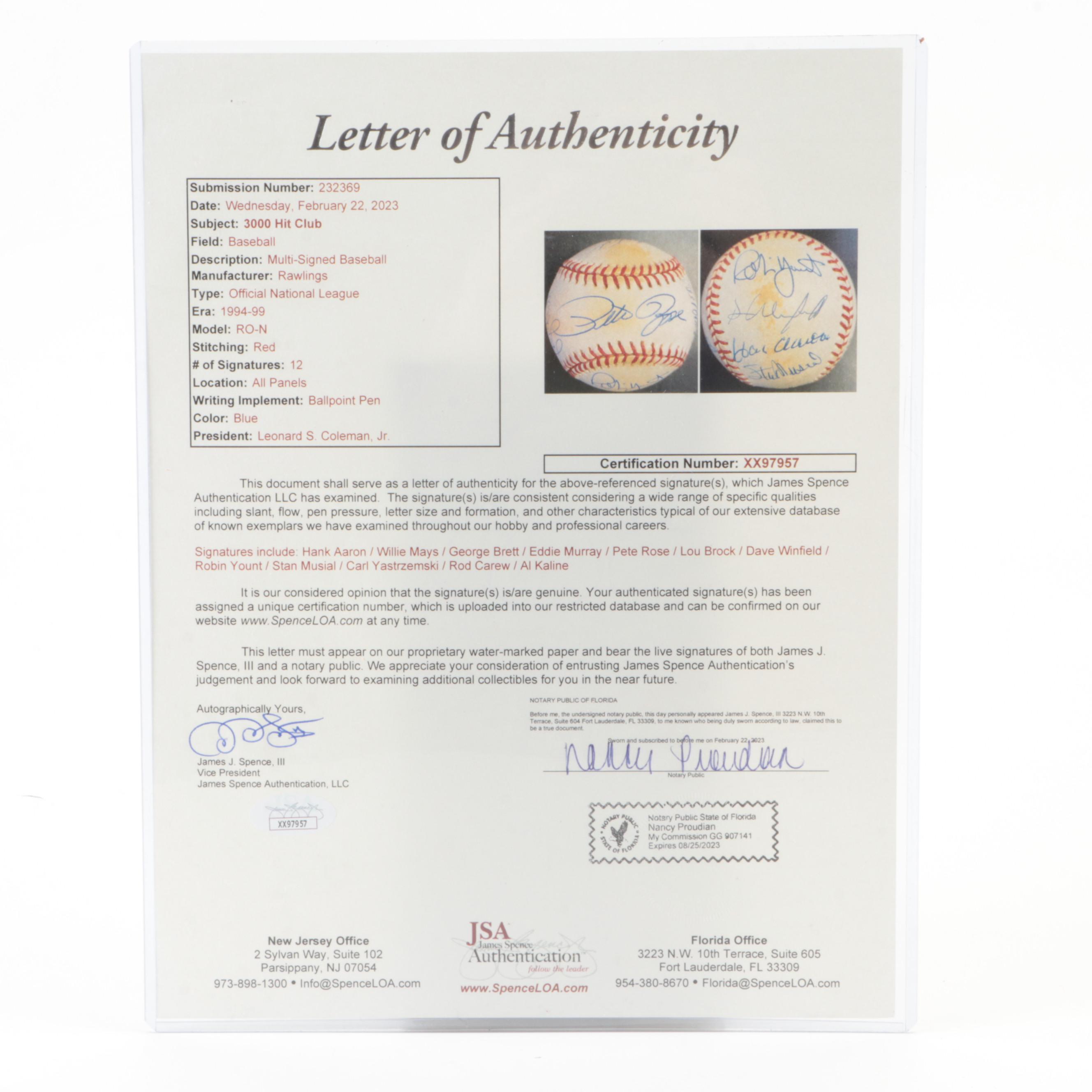 Mays, Aaron, Rose and More 3000th Hit Club Members Signed Rawlings NL Baseball