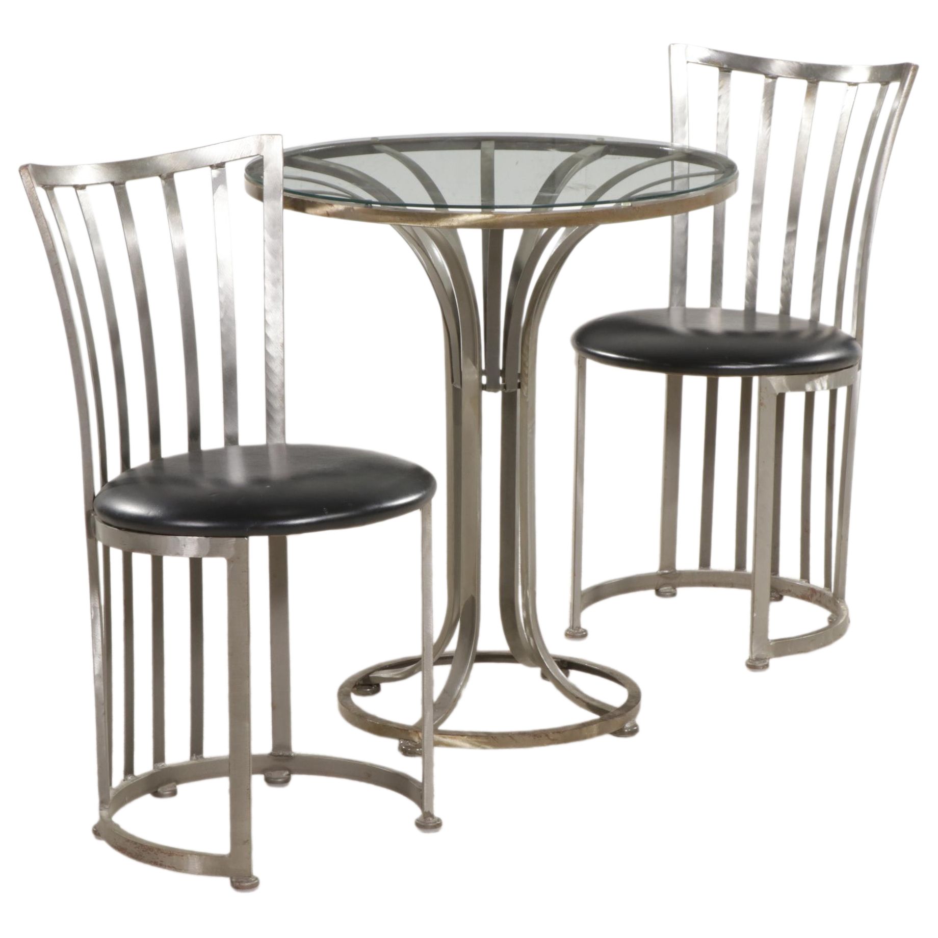 Shaver-Howard Brushed Steel, Black Vinyl and Glass Top Three-Piece Bistro Set