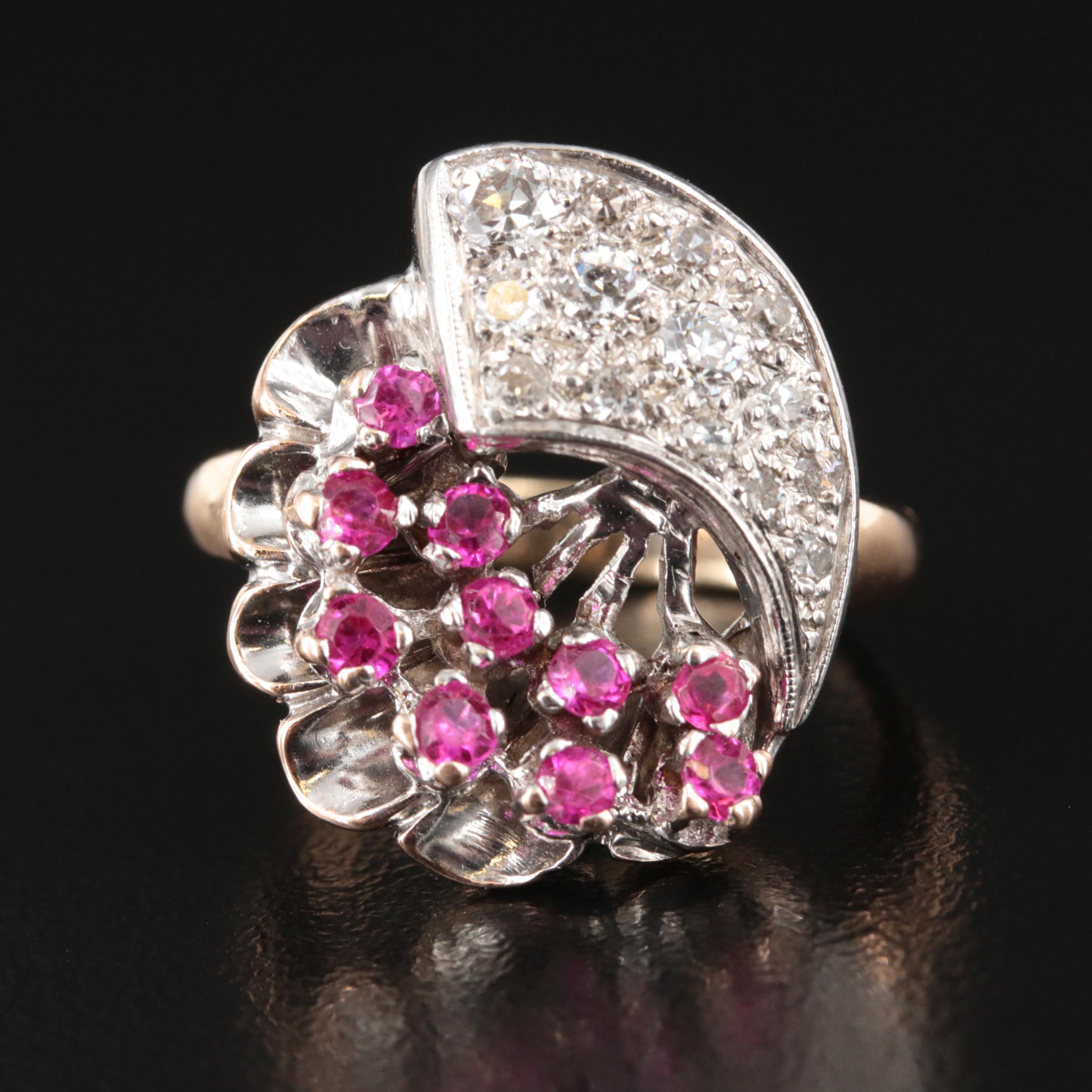 Retro 14K Diamond and Ruby Floral Spray Ring