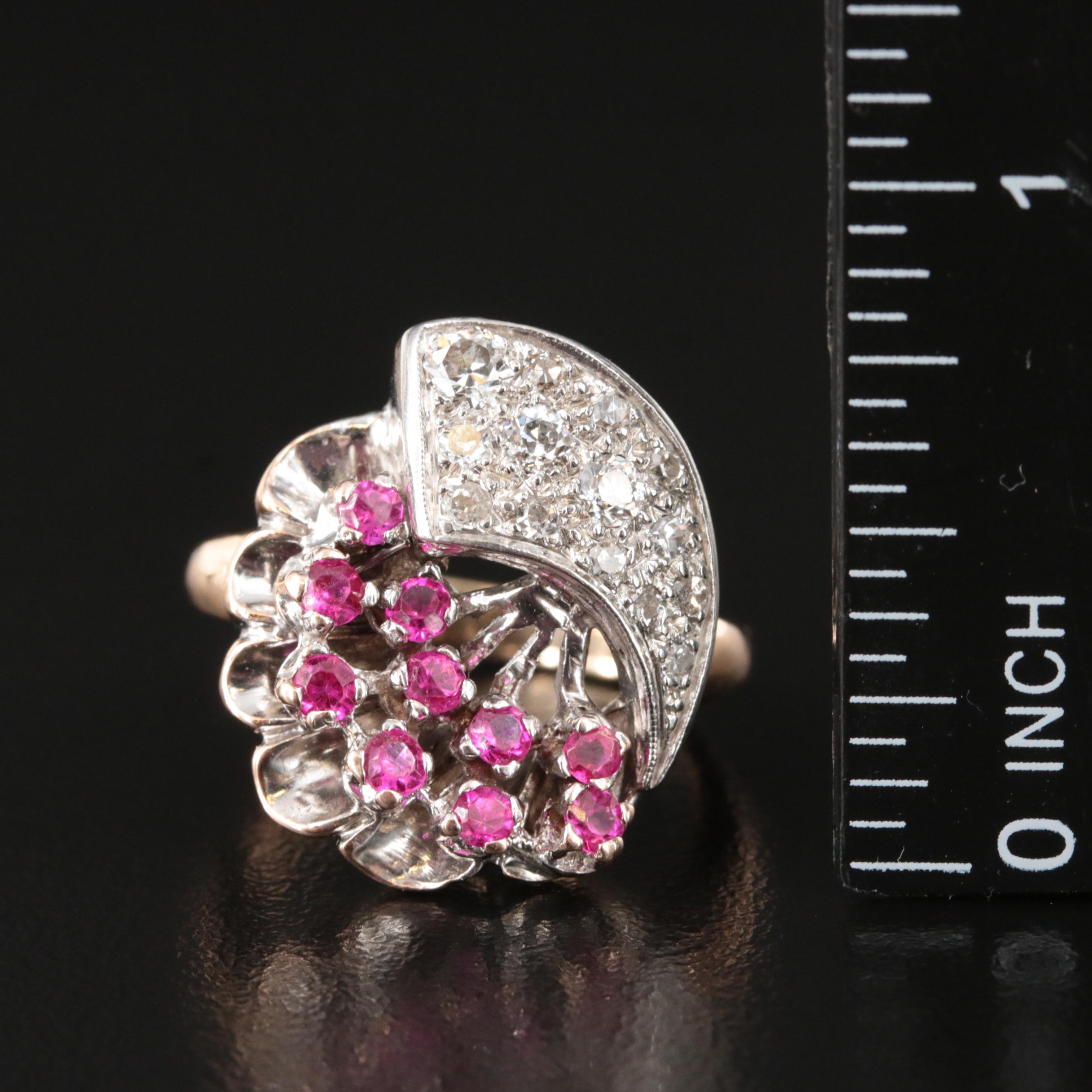 Retro 14K Diamond and Ruby Floral Spray Ring