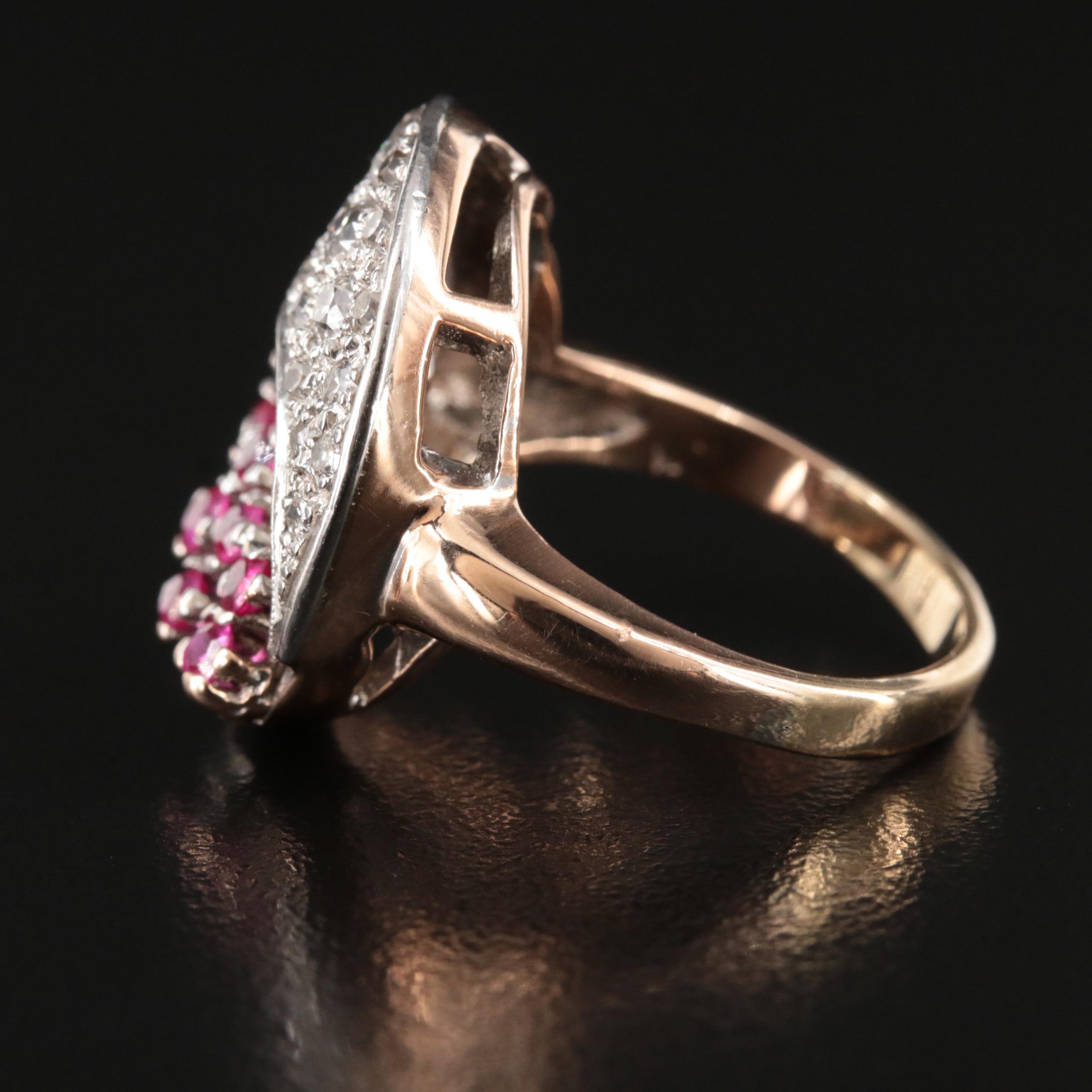 Retro 14K Diamond and Ruby Floral Spray Ring