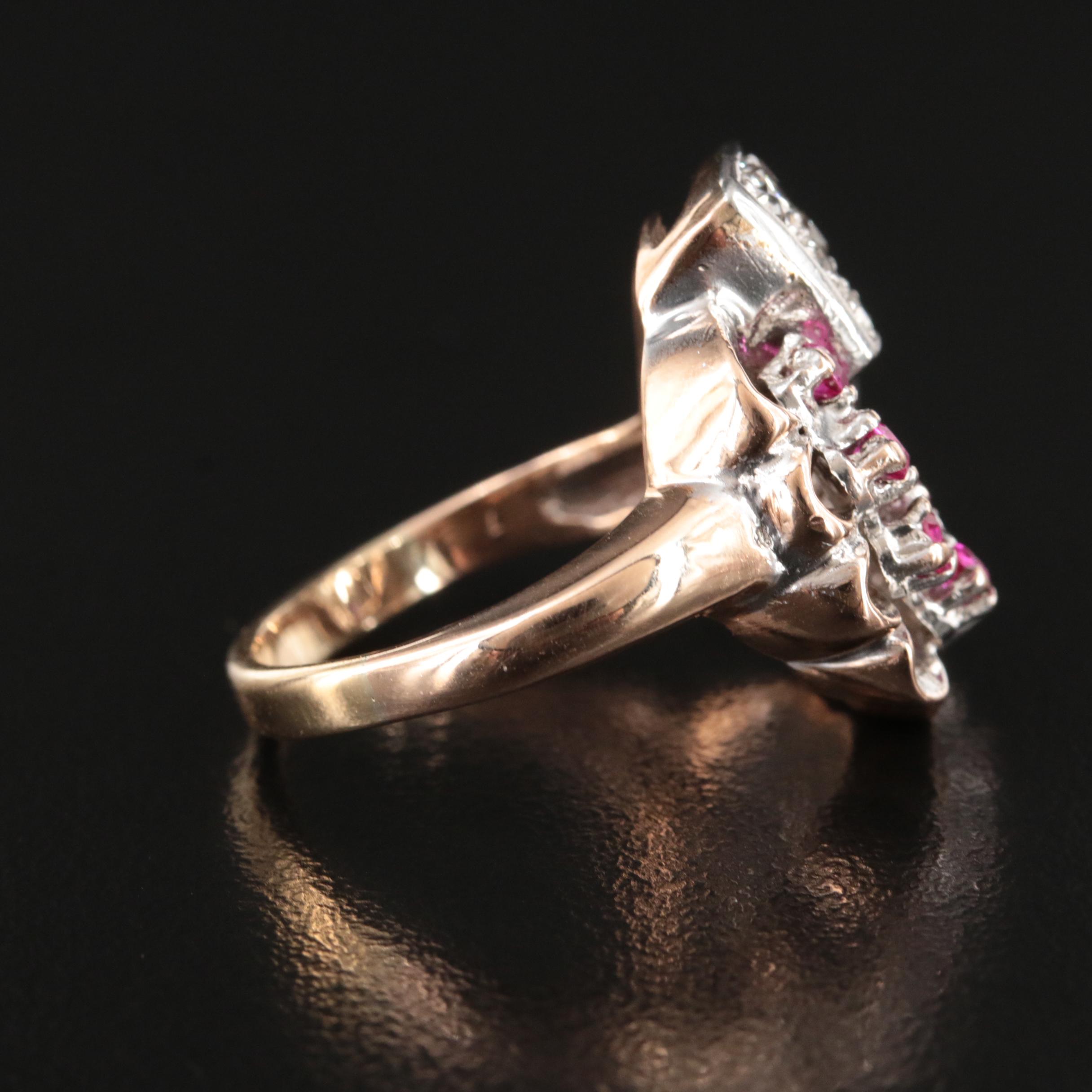 Retro 14K Diamond and Ruby Floral Spray Ring