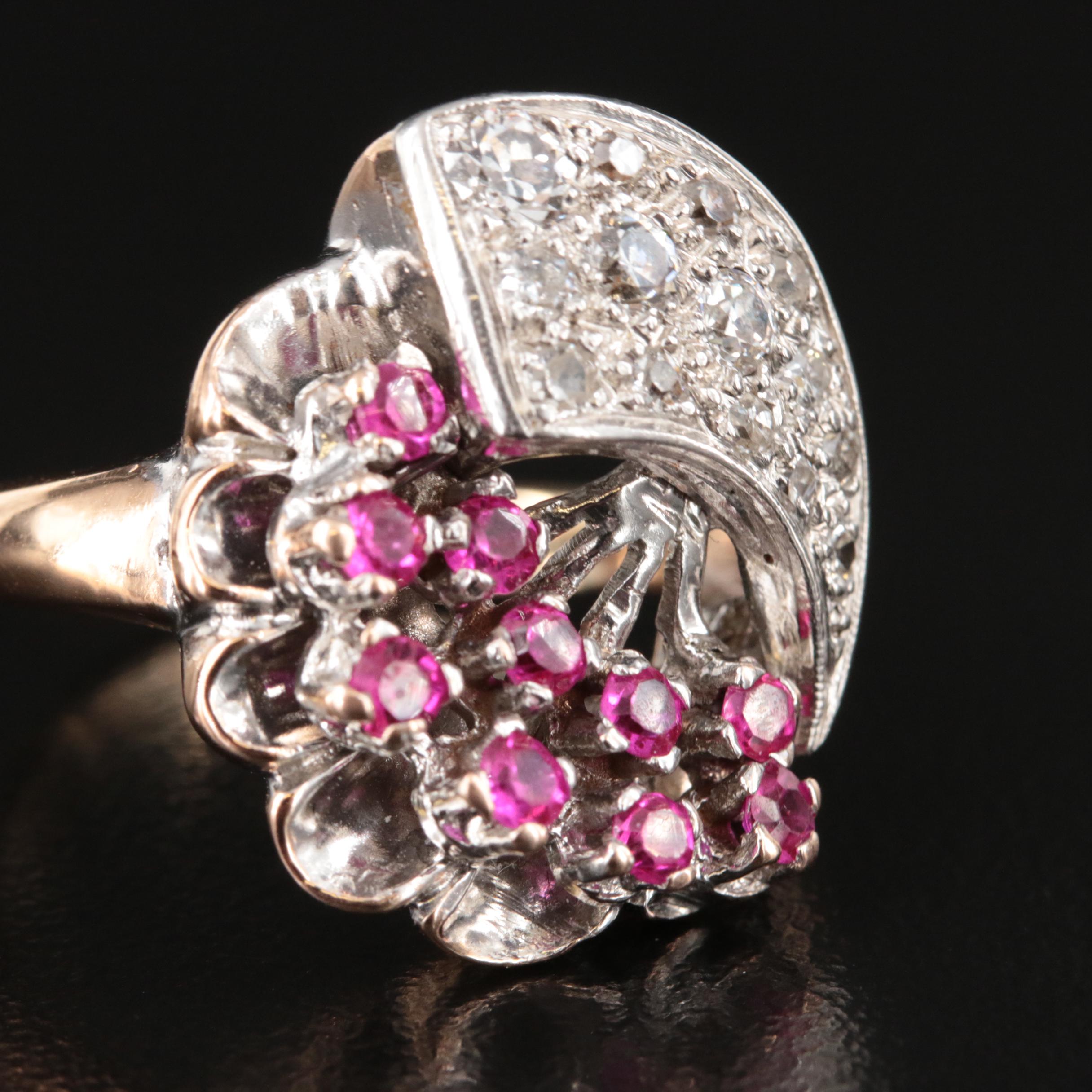 Retro 14K Diamond and Ruby Floral Spray Ring