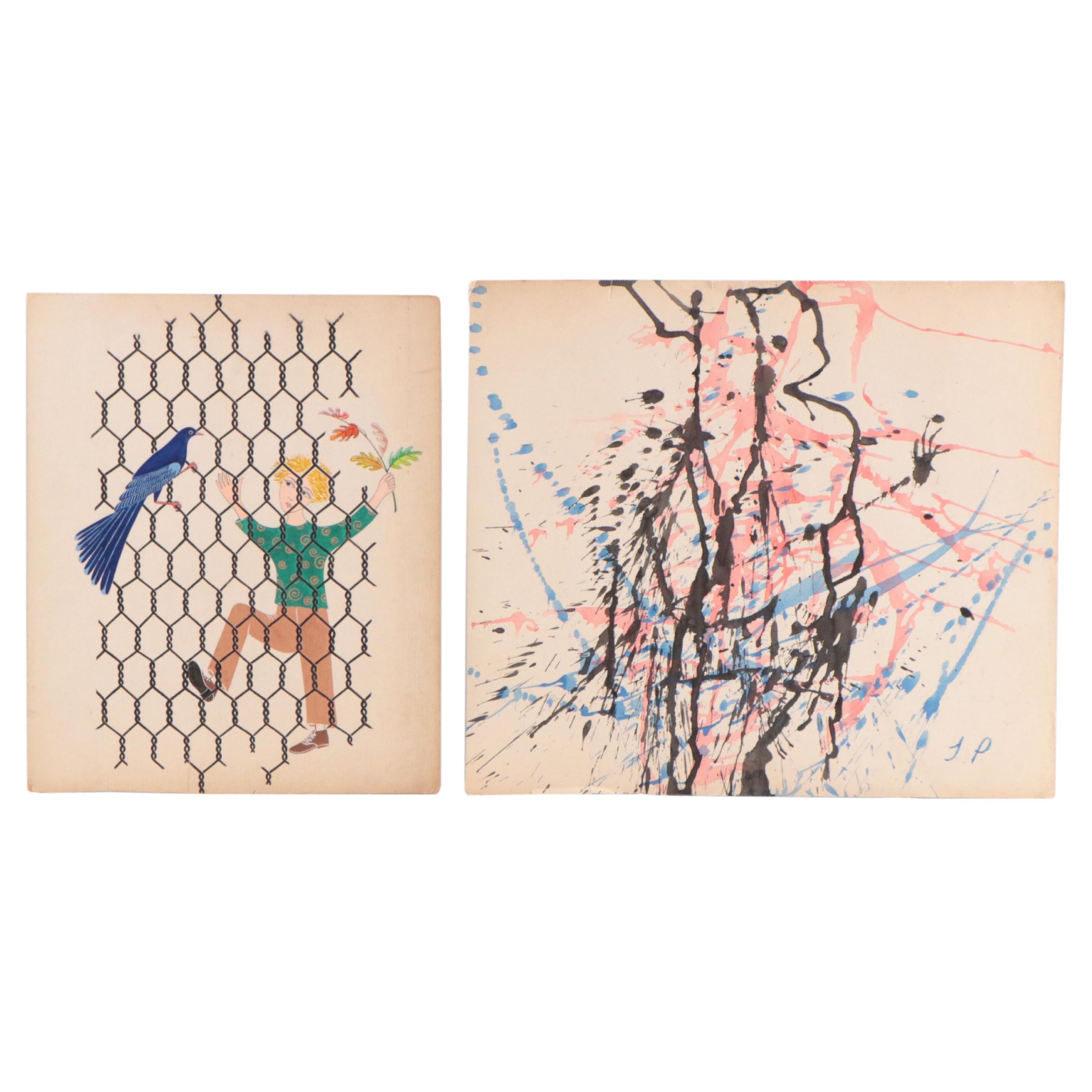 Abstract Watercolor Painting and Figurative Gouache Painting