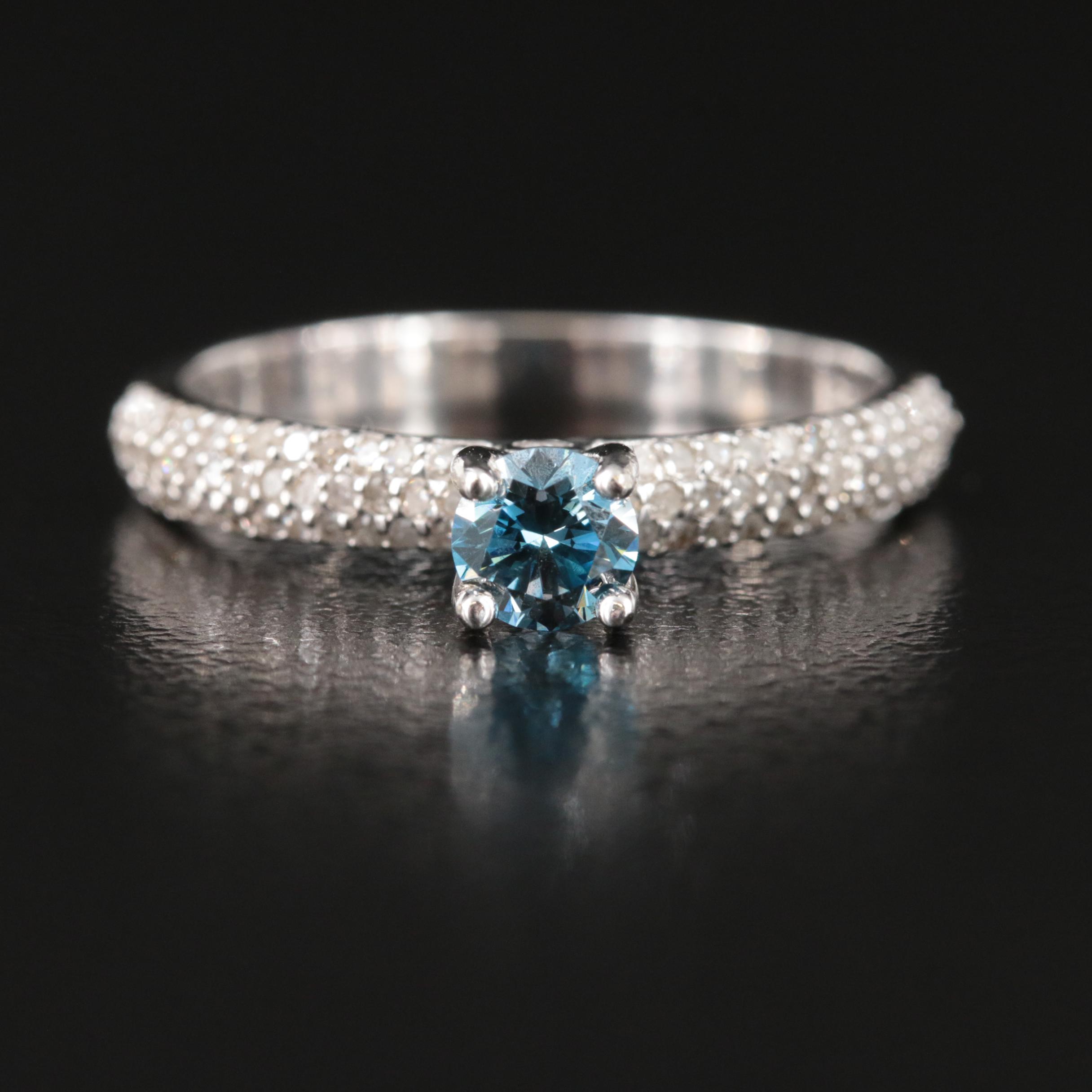 14K 0.78 CTW Diamond Ring with Pavé Accents and Fancy Blue Center