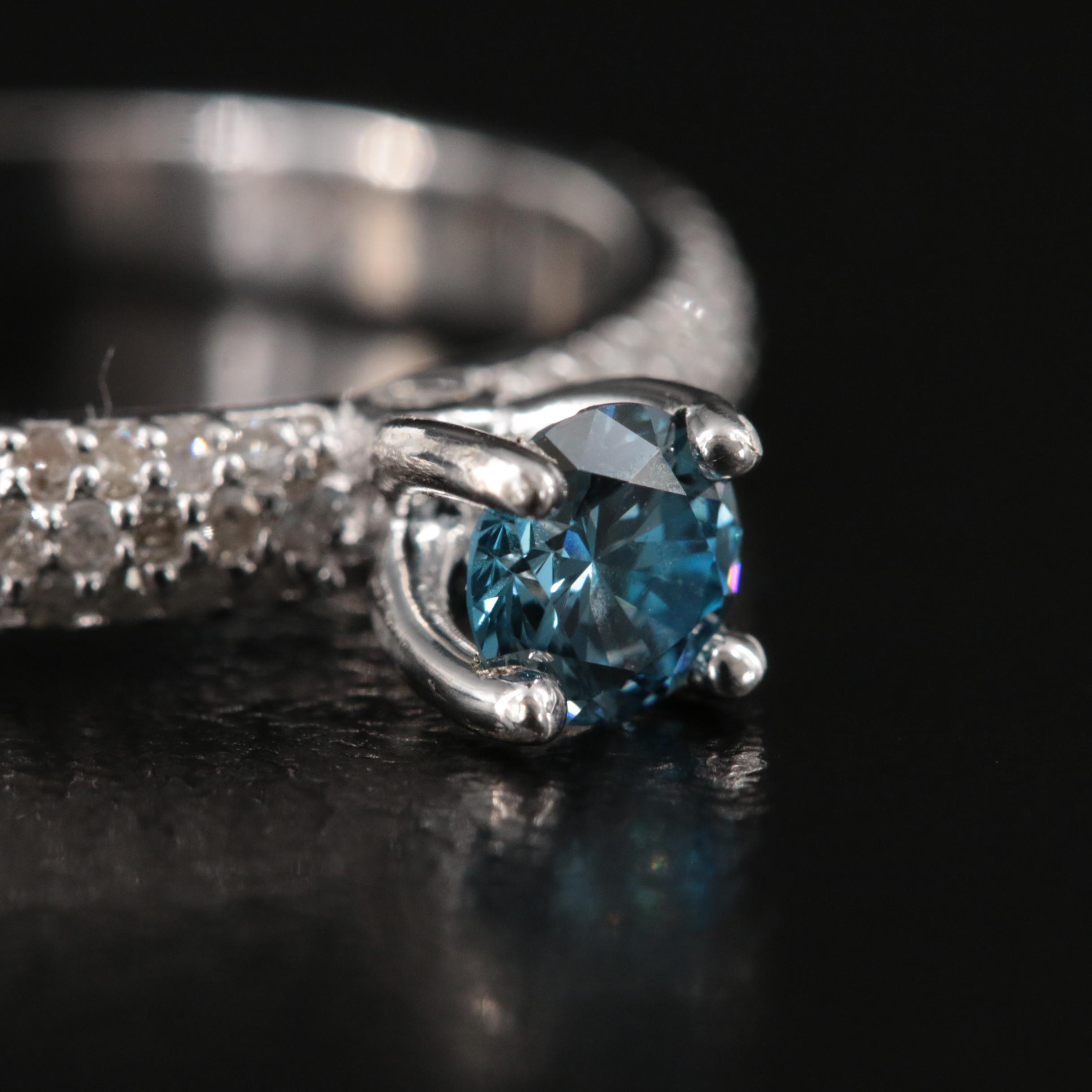 14K 0.78 CTW Diamond Ring with Pavé Accents and Fancy Blue Center