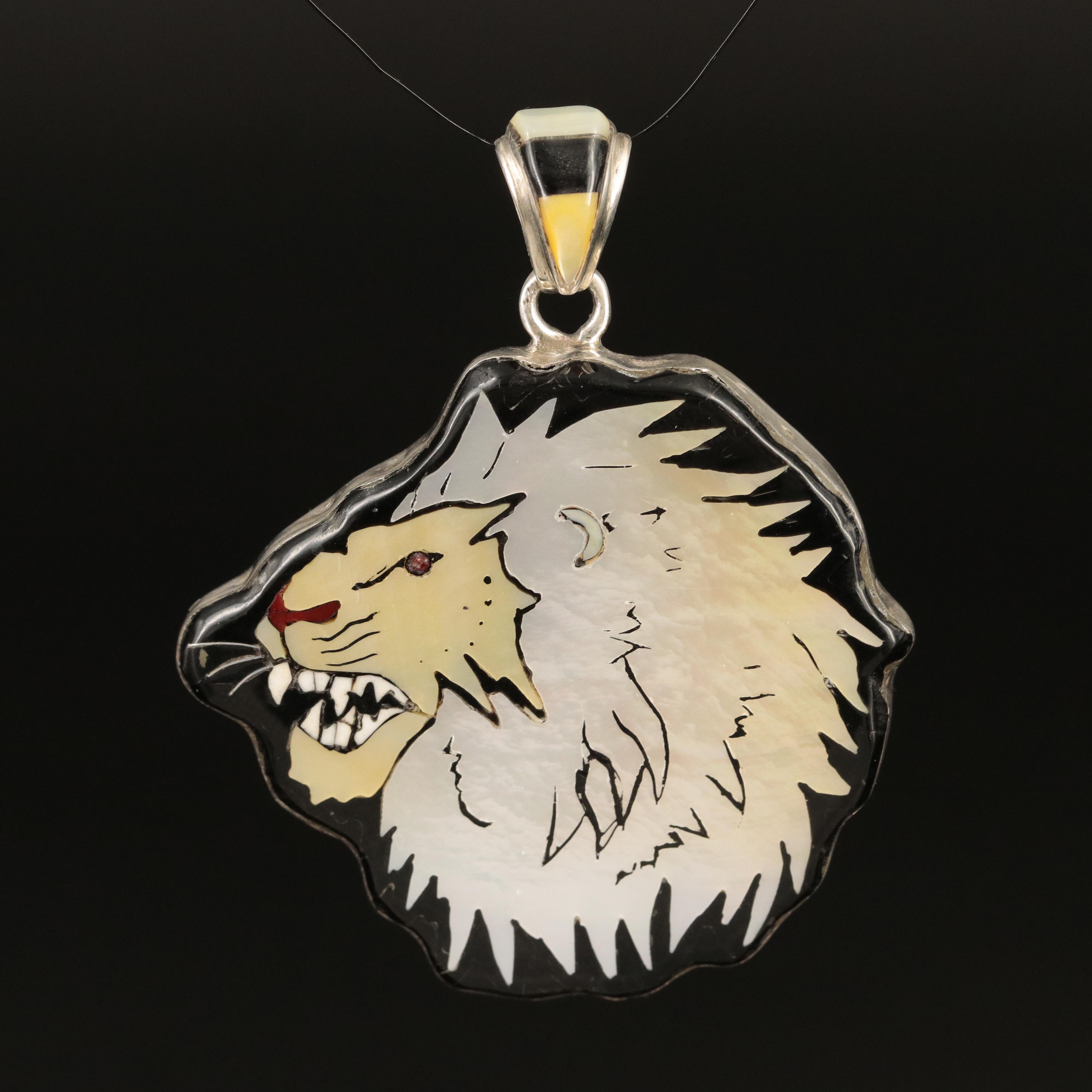 Southwestern Sterling Mother-of-Pearl and Abalone Lion Reversible Inlay Pendant