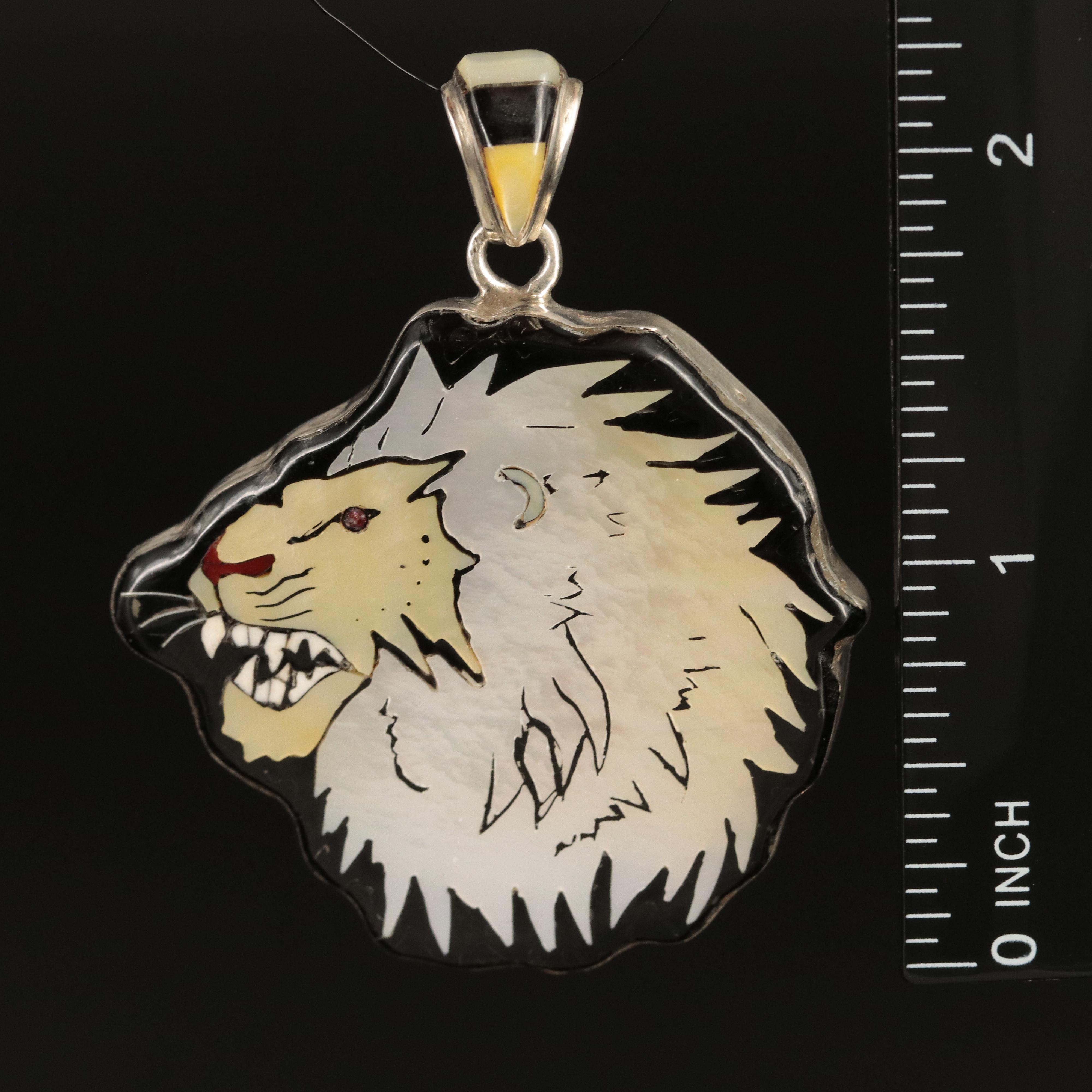 Southwestern Sterling Mother-of-Pearl and Abalone Lion Reversible Inlay Pendant