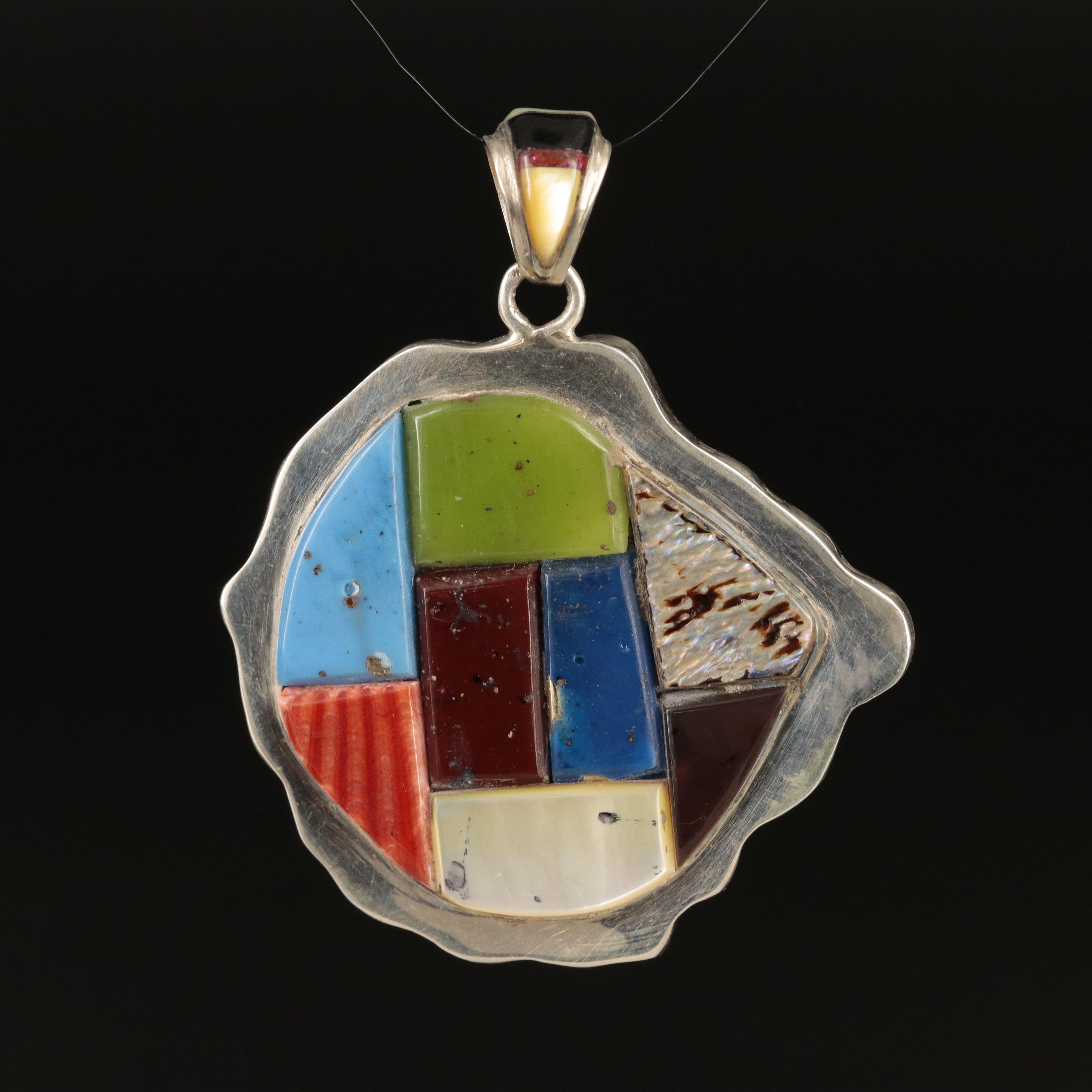 Southwestern Sterling Mother-of-Pearl and Abalone Lion Reversible Inlay Pendant