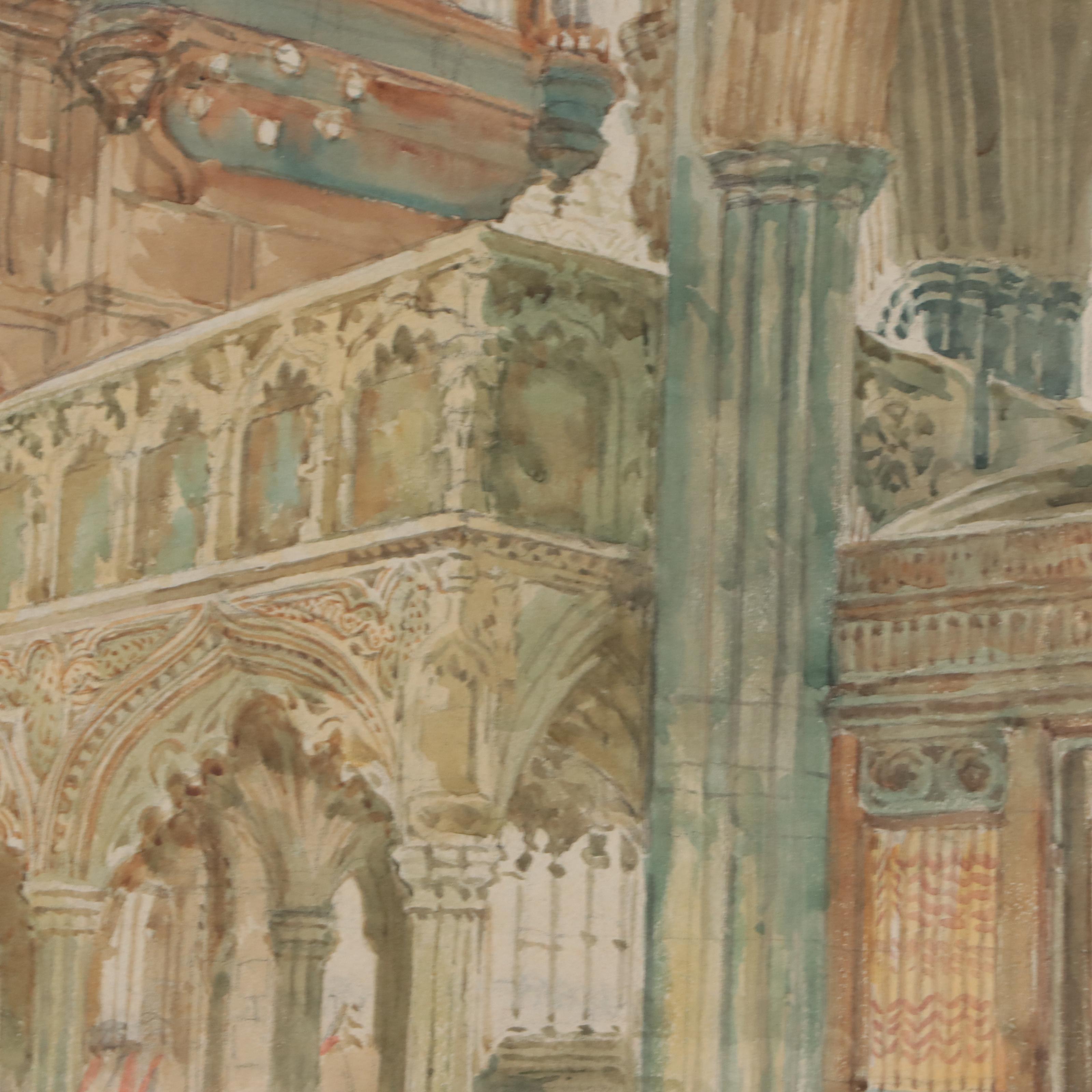 Watercolor Painting of English Chapel Interior, Early 20th Century