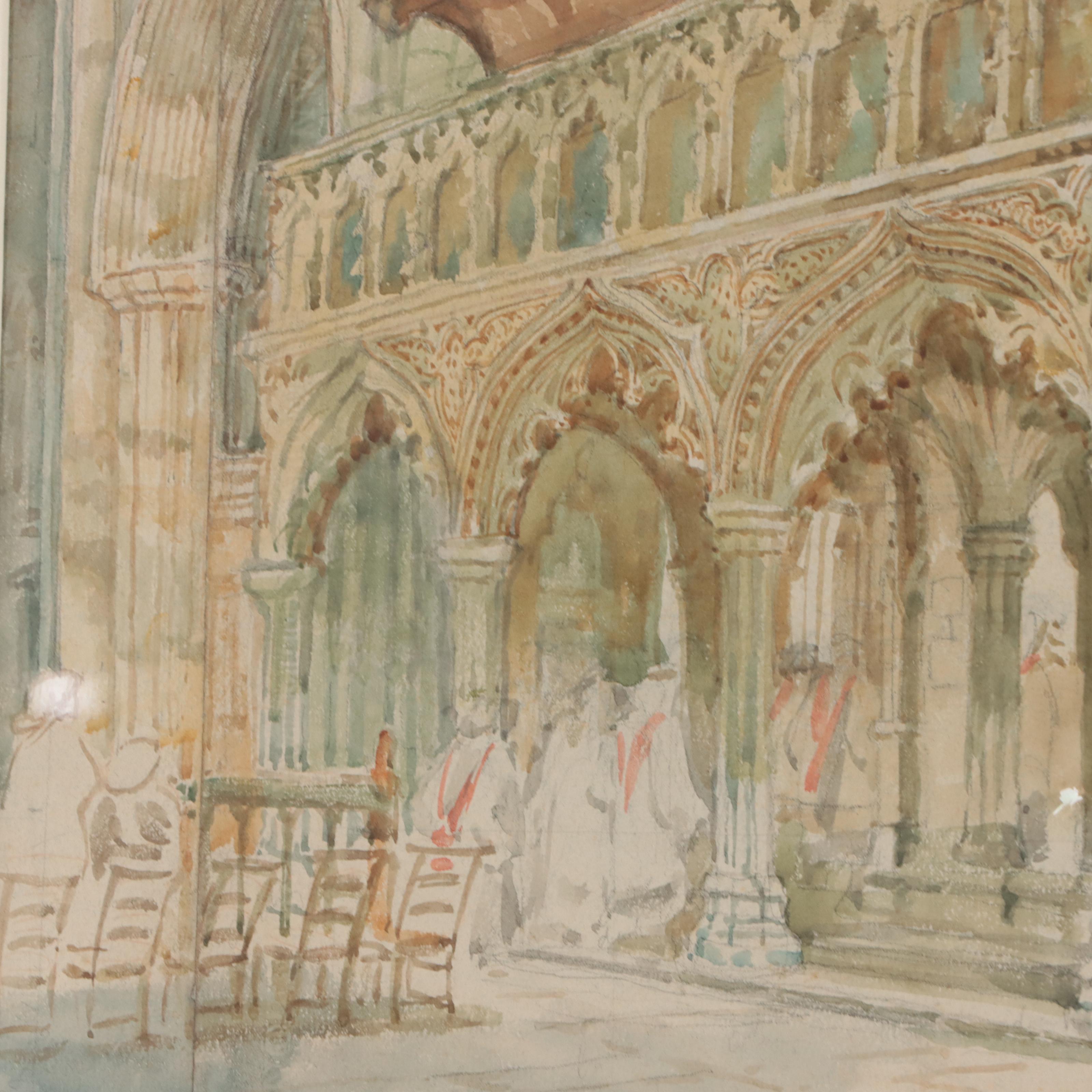 Watercolor Painting of English Chapel Interior, Early 20th Century