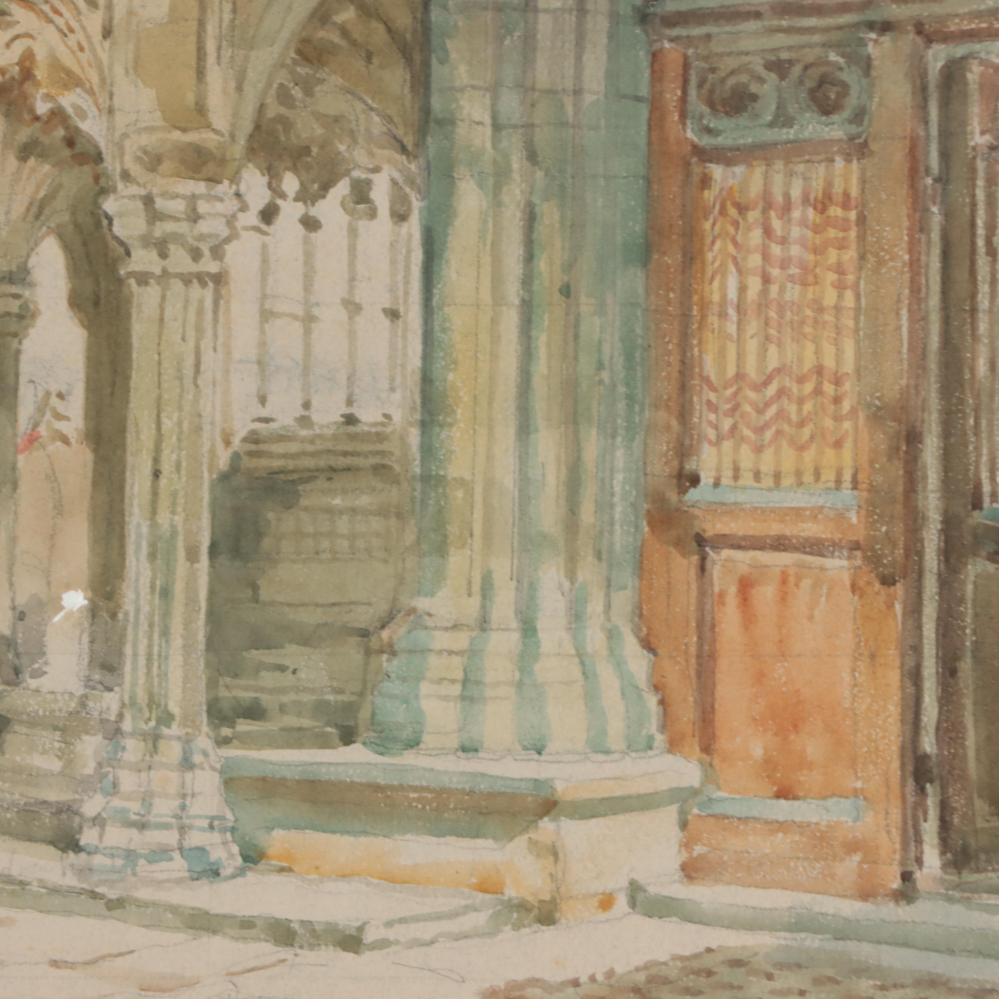 Watercolor Painting of English Chapel Interior, Early 20th Century