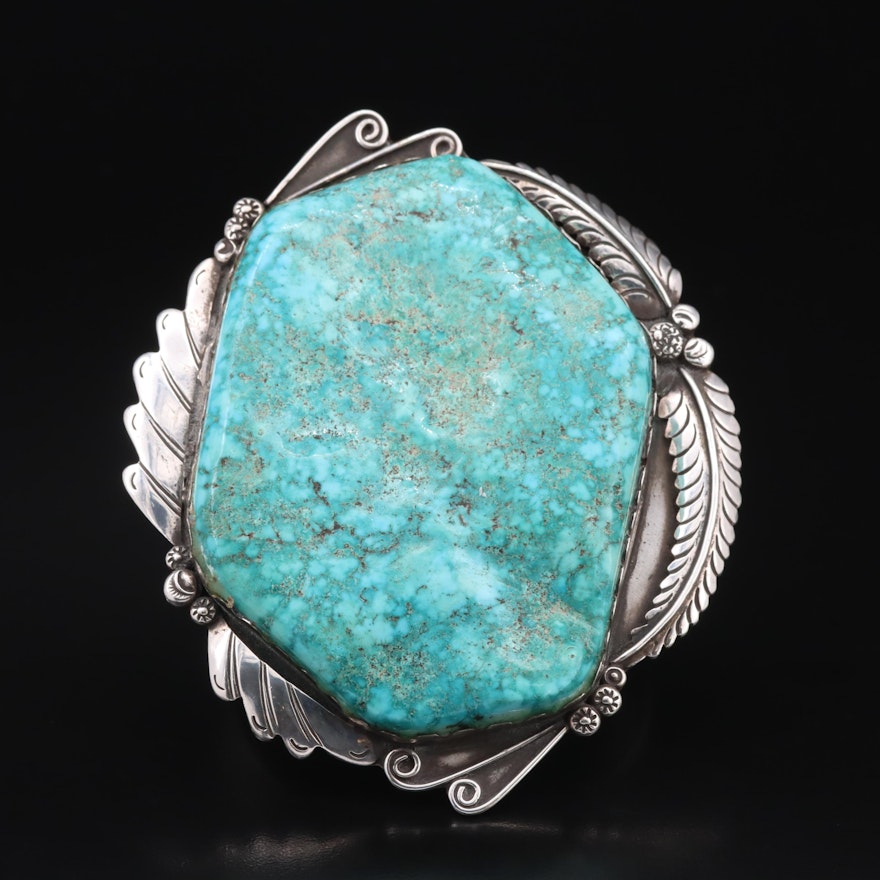 Large-Scale Signed 88.25 x 63.25 mm Turquoise Feather Appliqué Cuff in Sterling