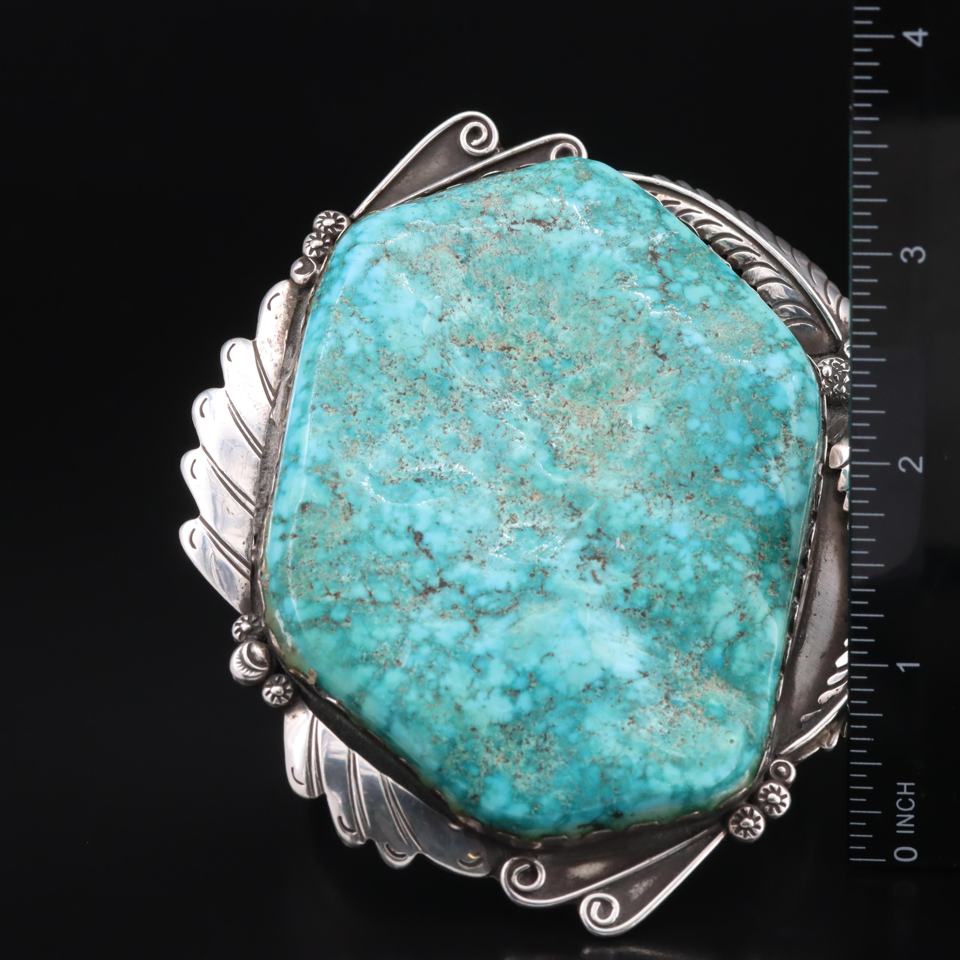 Large-Scale Signed 88.25 x 63.25 mm Turquoise Feather Appliqué Cuff in Sterling