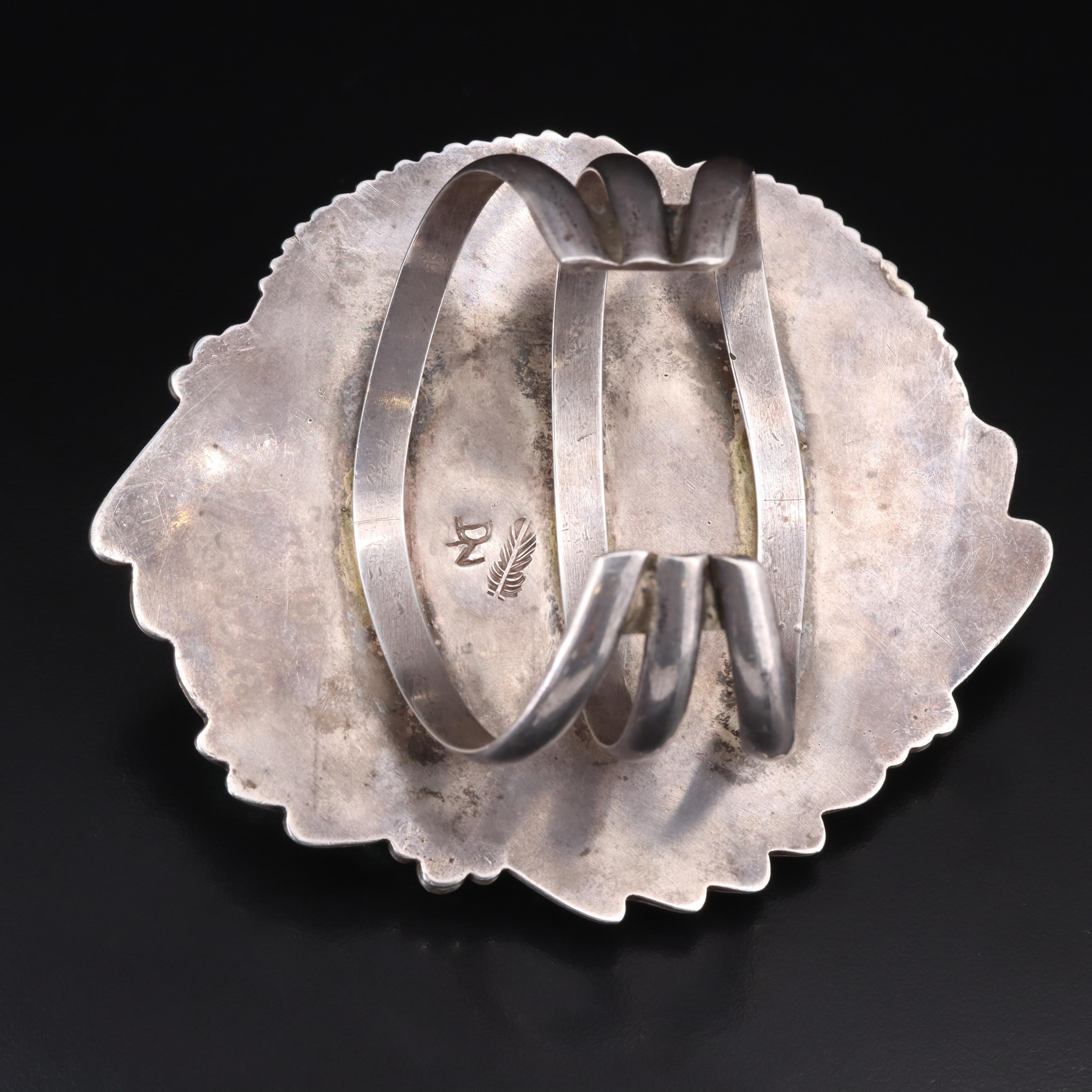 Large-Scale Signed 88.25 x 63.25 mm Turquoise Feather Appliqué Cuff in Sterling