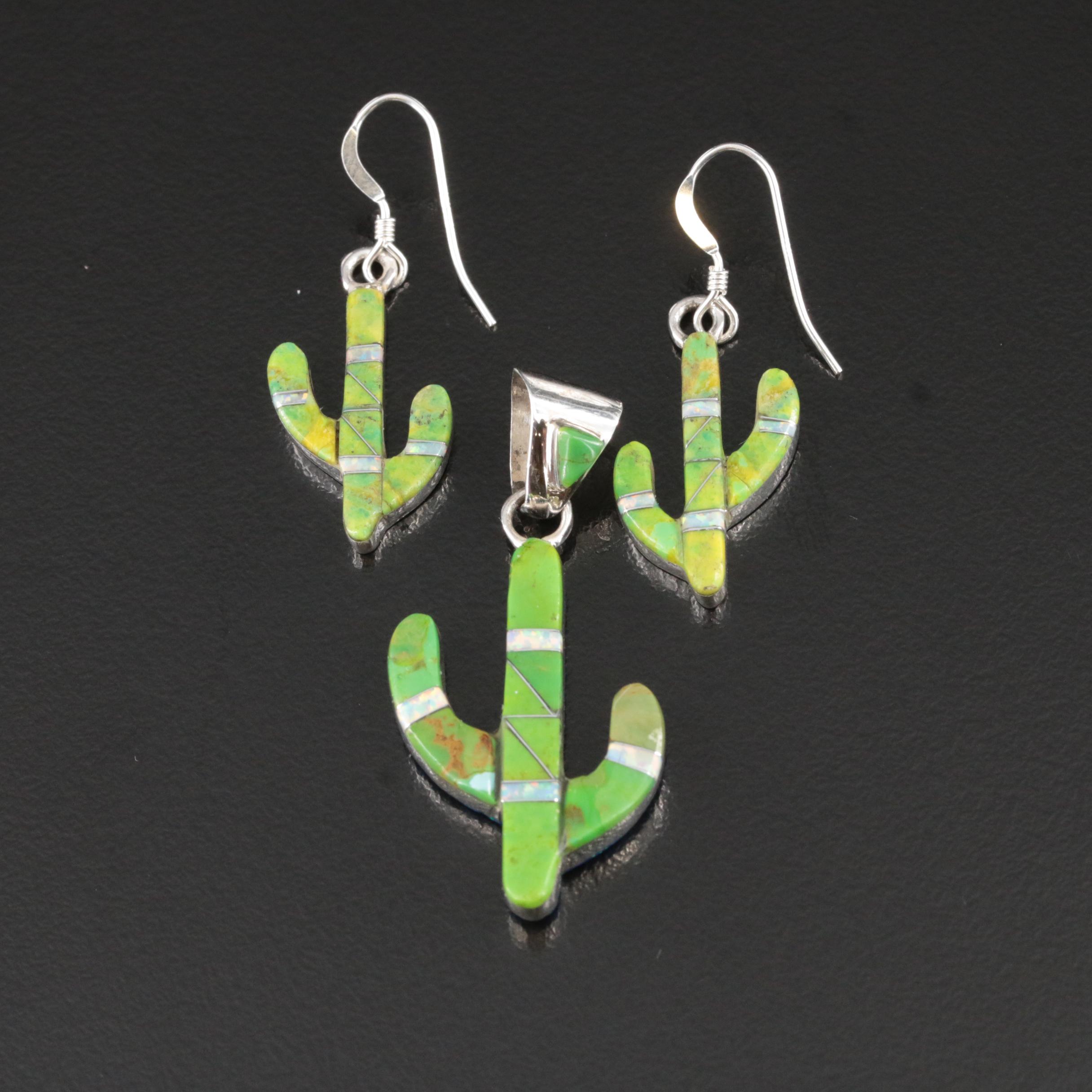 Sterling Turquoise and Opal Inlay Reversible Cactus Pendant and Earrings