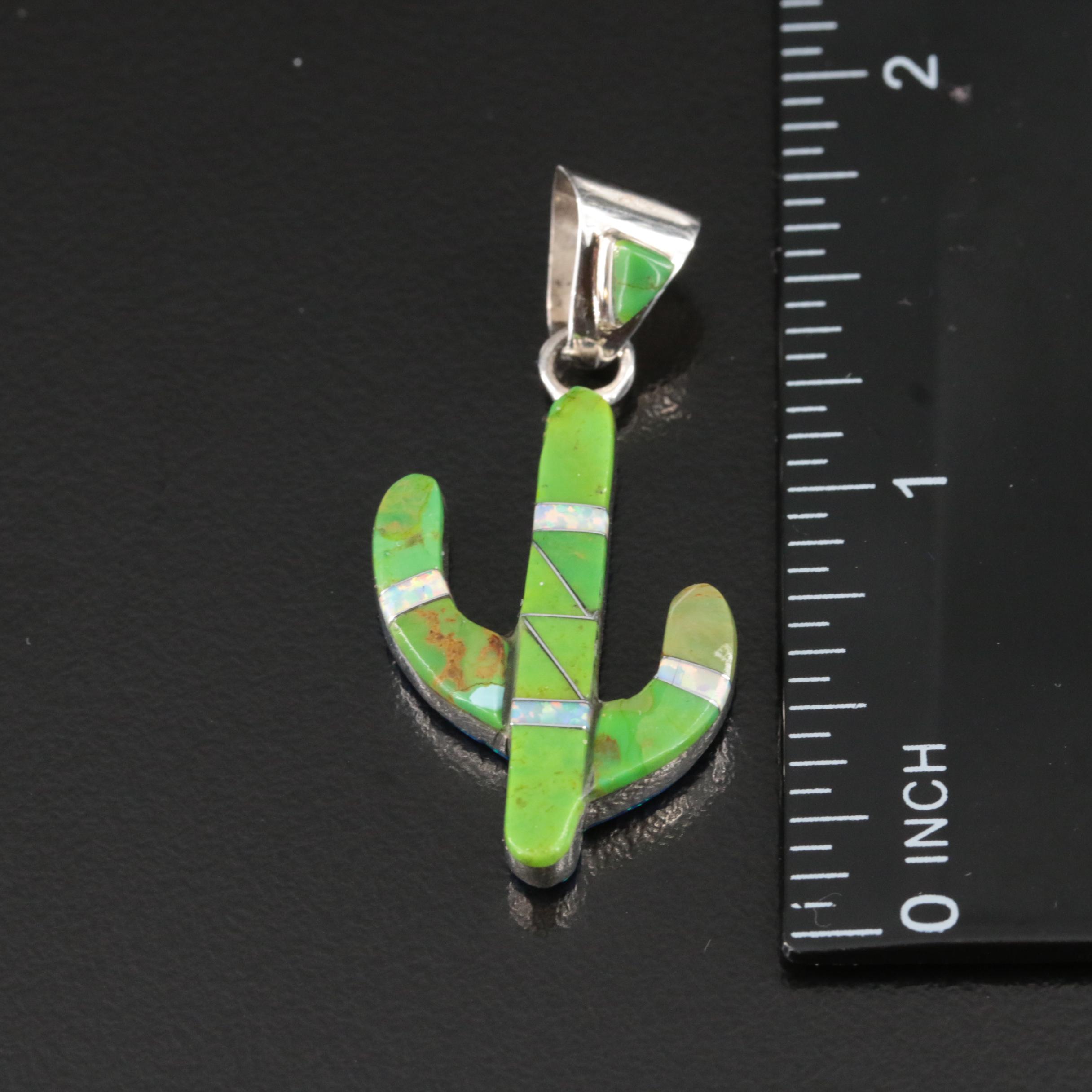 Sterling Turquoise and Opal Inlay Reversible Cactus Pendant and Earrings