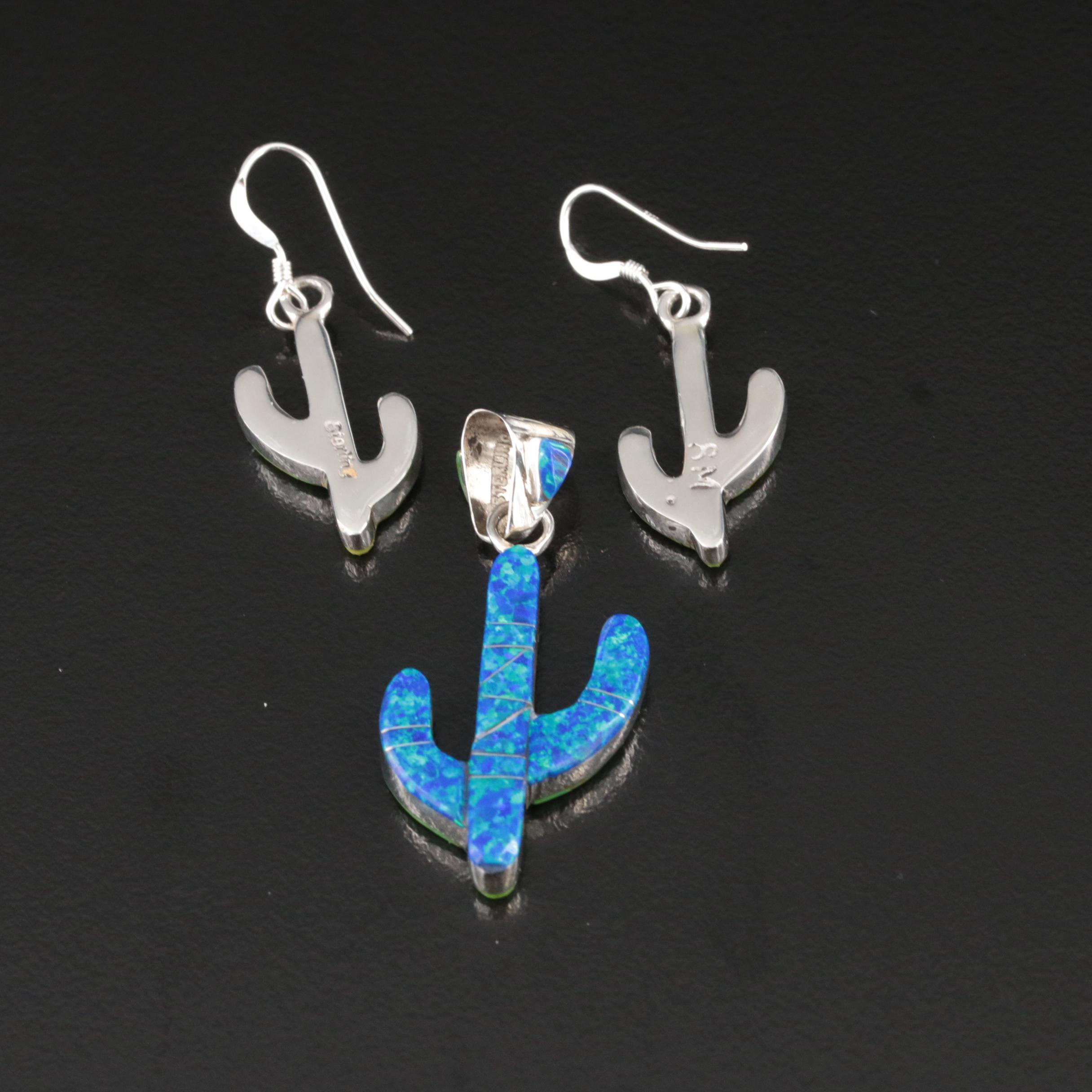 Sterling Turquoise and Opal Inlay Reversible Cactus Pendant and Earrings