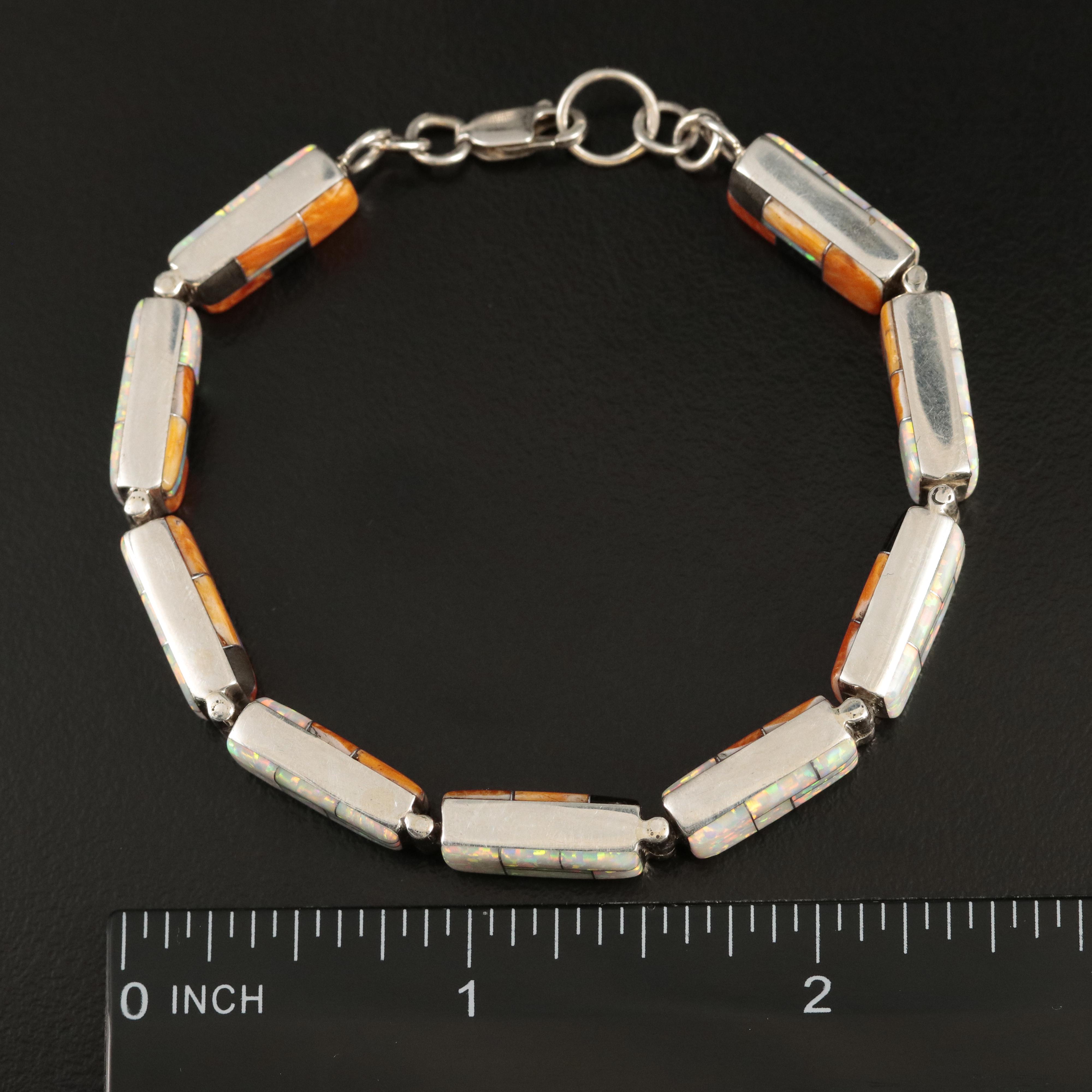Signed Southwestern Sterling opal and Spiny Oyster Reversible Inlay Bracelet