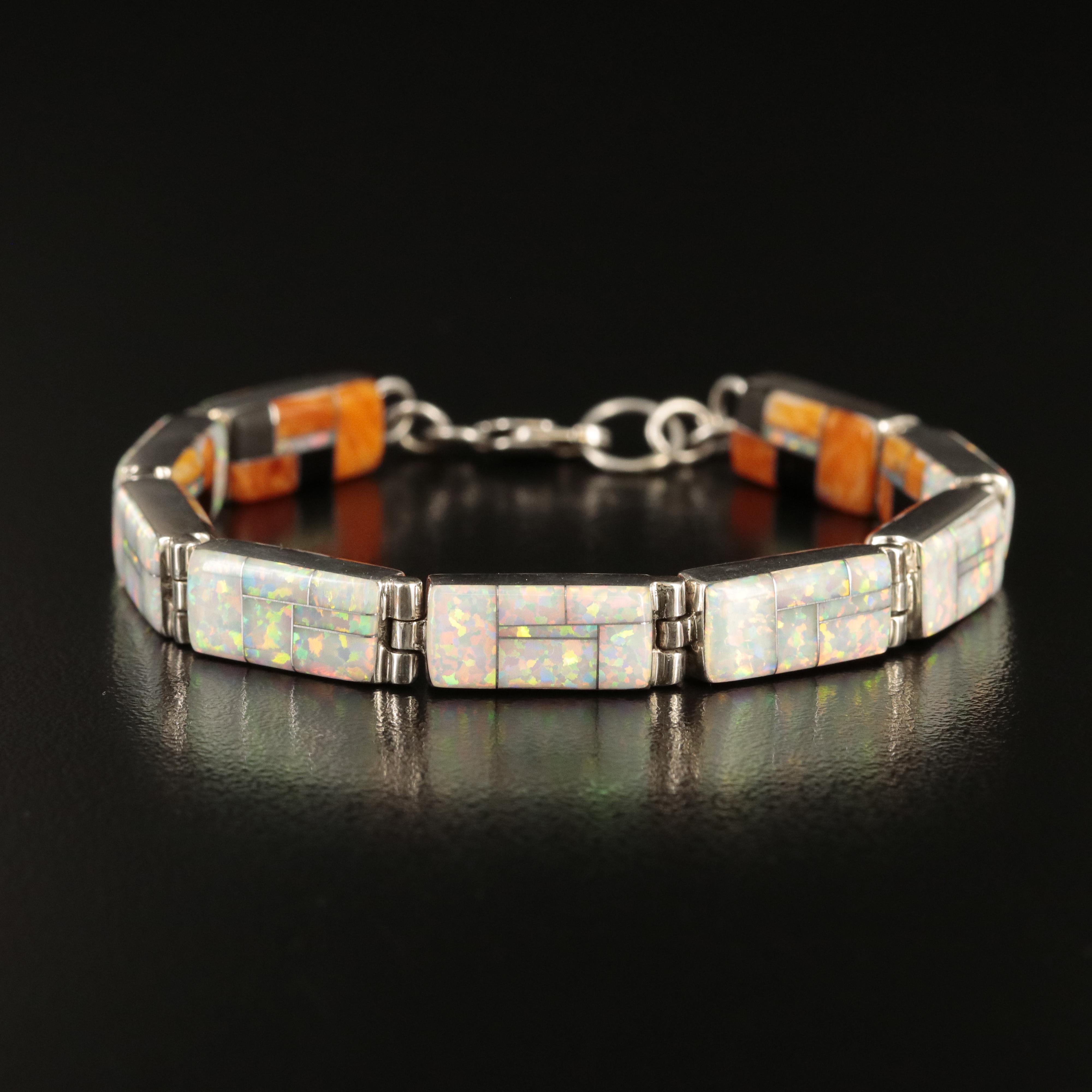 Signed Southwestern Sterling opal and Spiny Oyster Reversible Inlay Bracelet