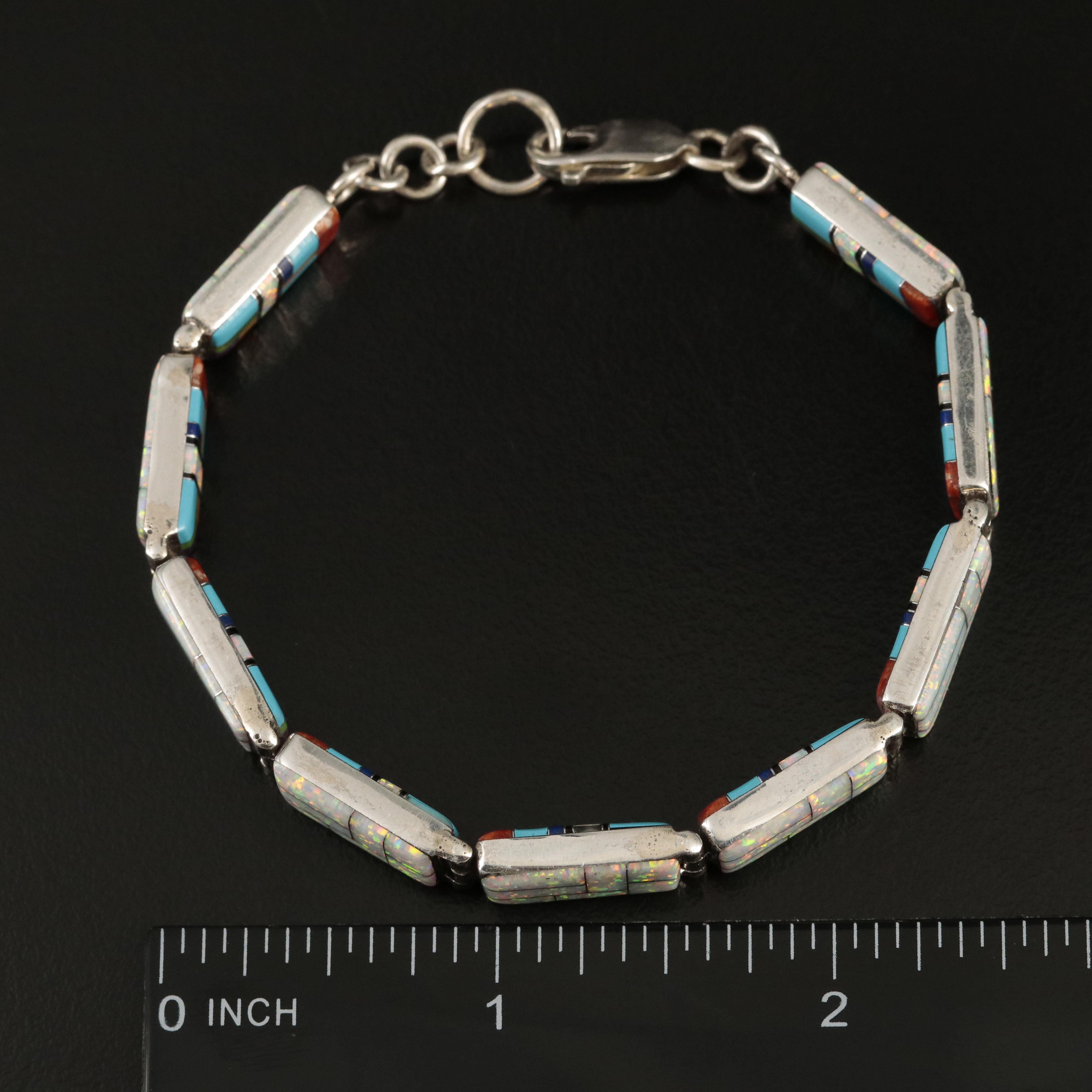 Signed Southwestern Sterling Opal and Coral Reversible Inlay Bracelet