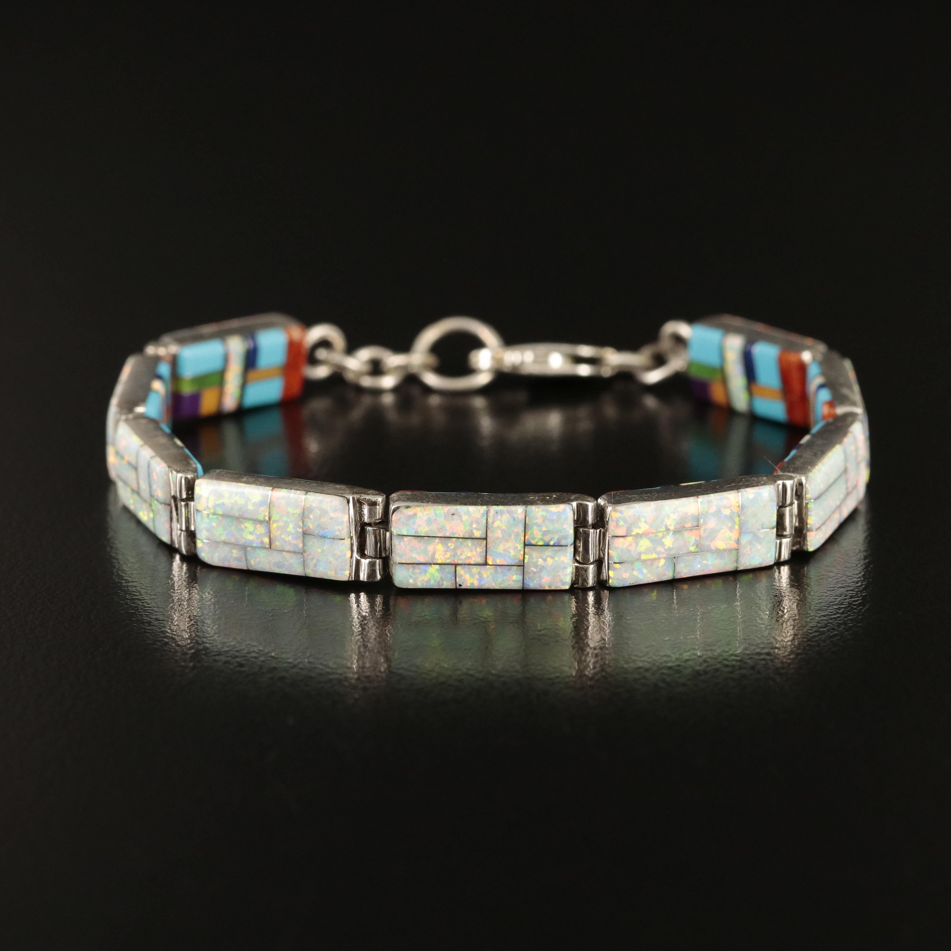 Signed Southwestern Sterling Opal and Coral Reversible Inlay Bracelet