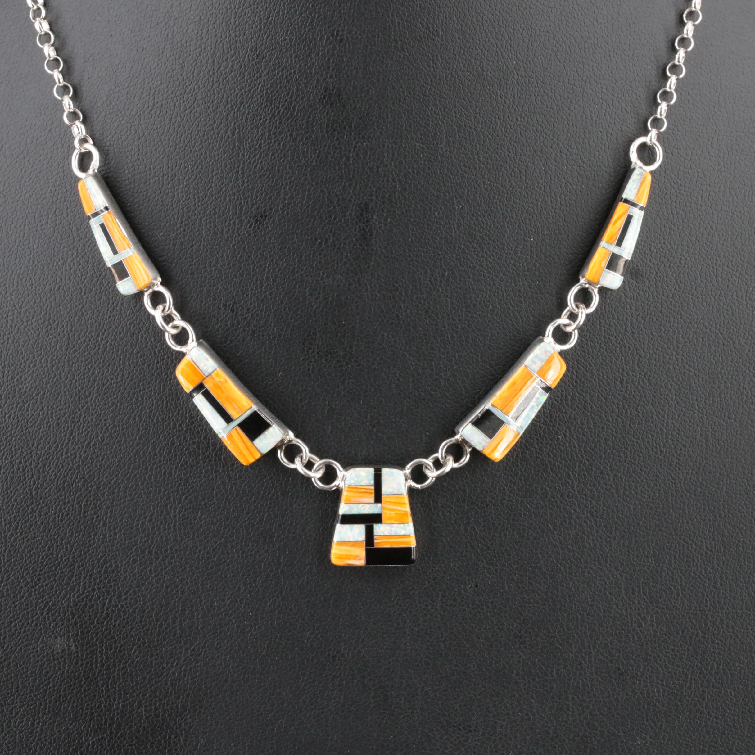 Southwestern Style Sterling Spiny Oyster, Faux Black Oynx and Opal Necklace