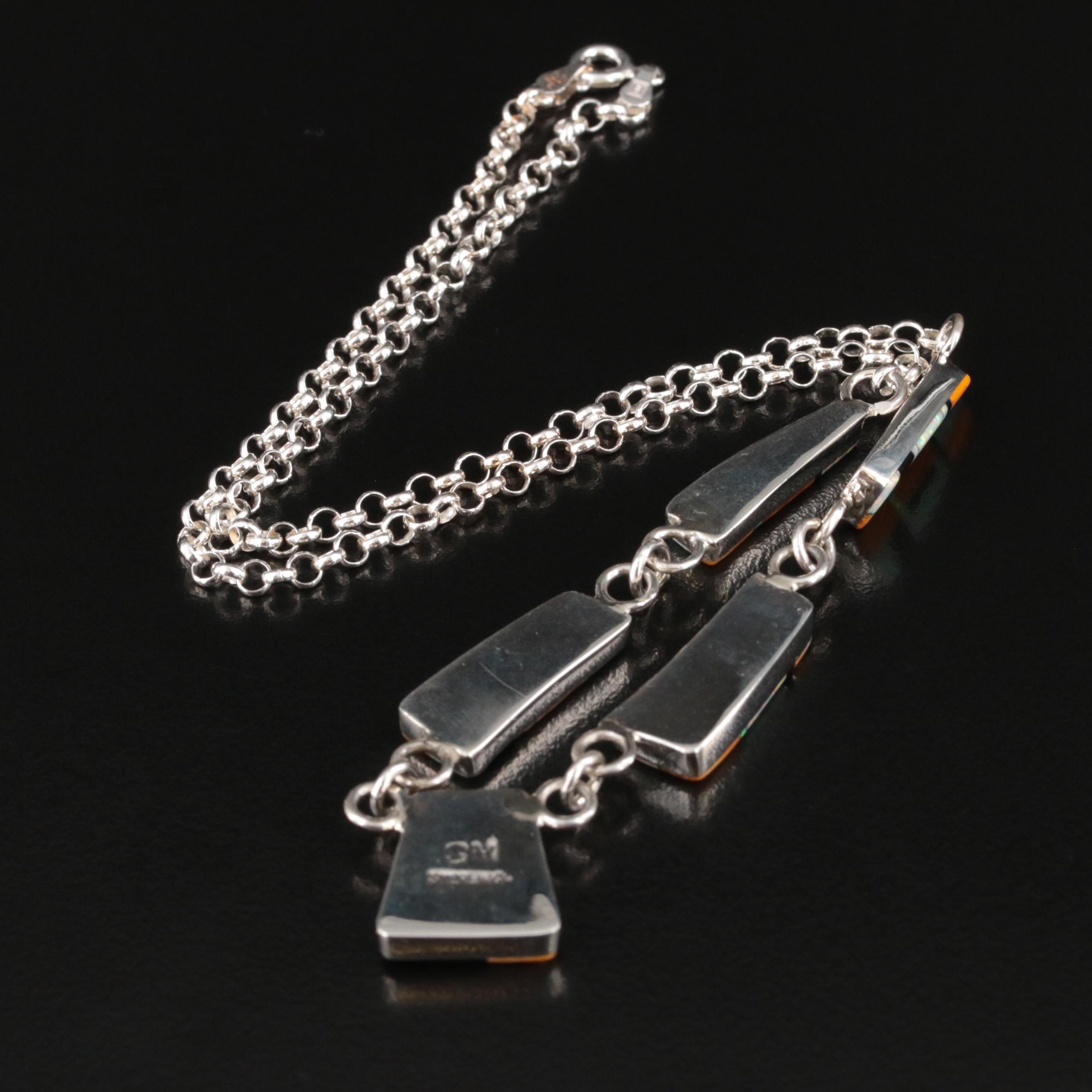 Southwestern Style Sterling Spiny Oyster, Faux Black Oynx and Opal Necklace