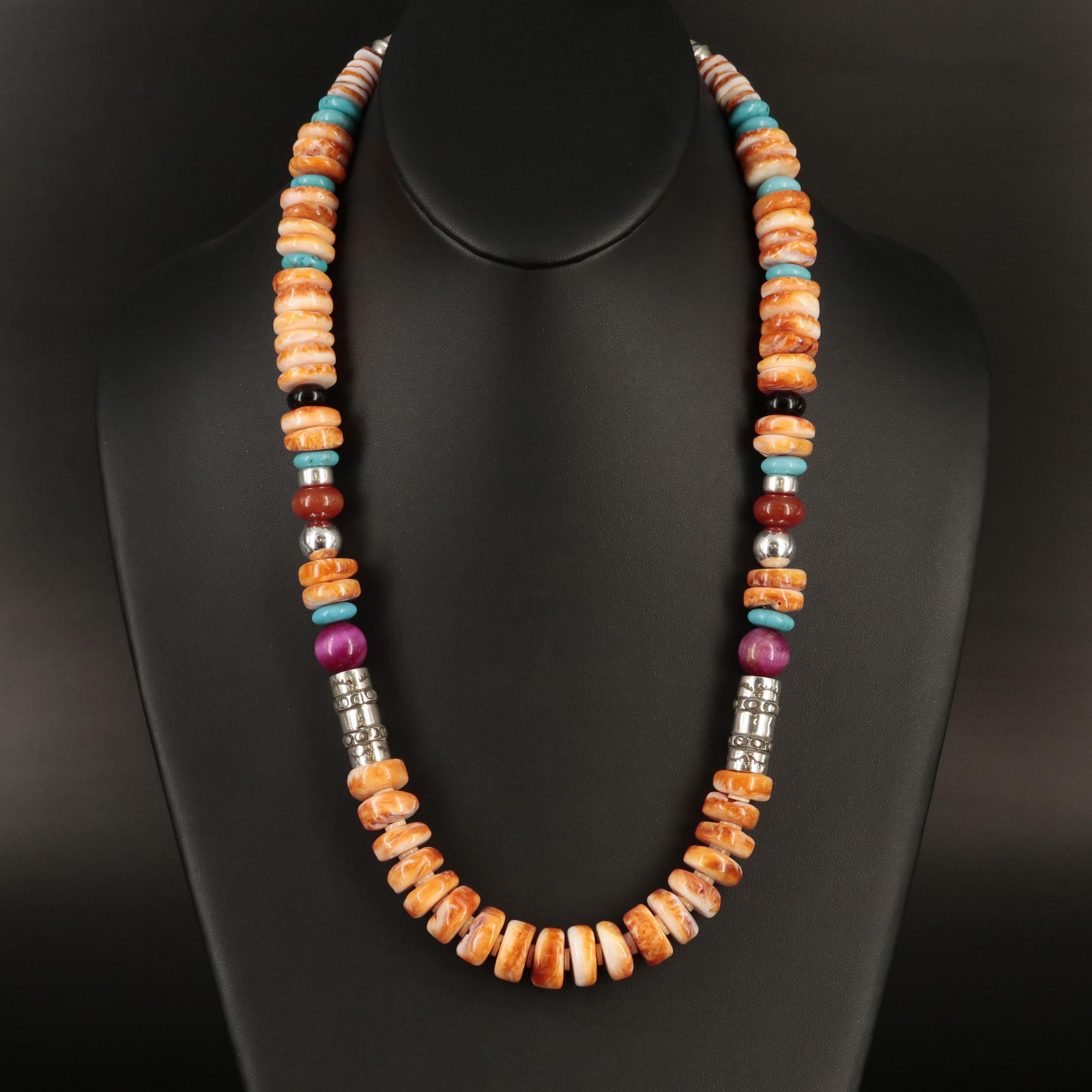 Southwestern Sterling Spiny Oyster, Agate and Black Onyx Bead Necklace
