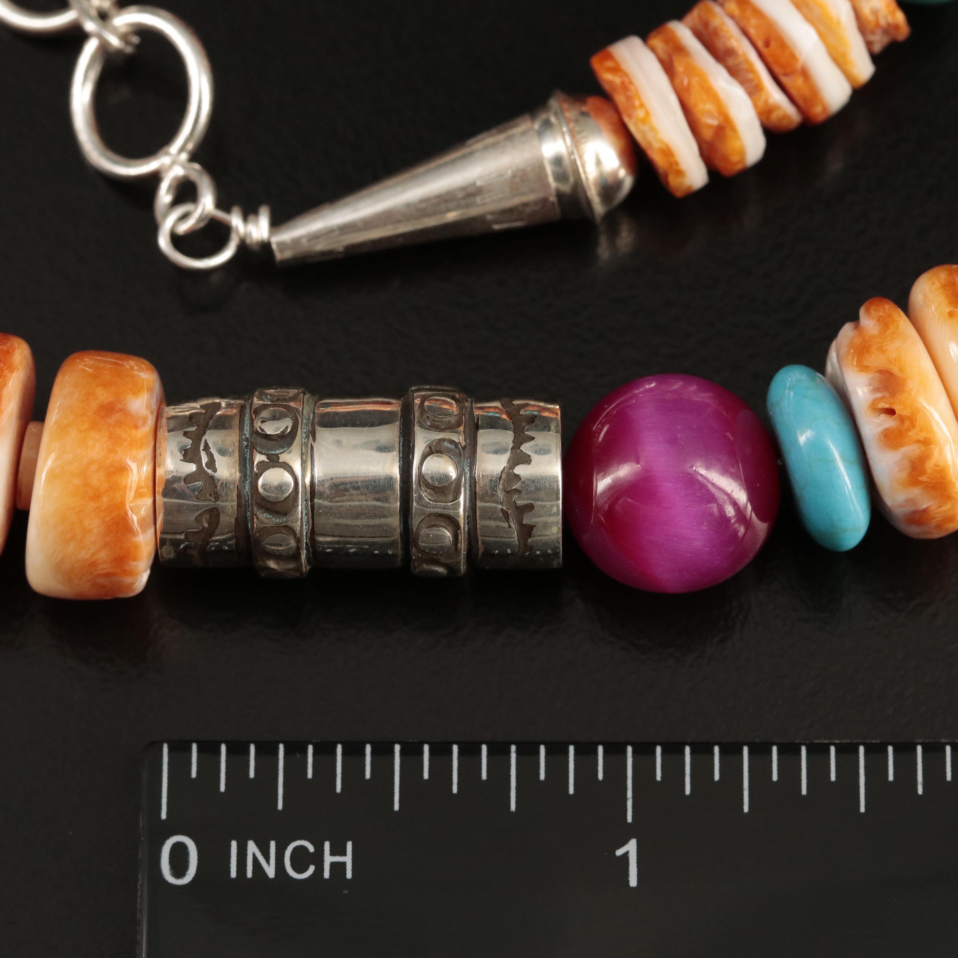 Southwestern Sterling Spiny Oyster, Agate and Black Onyx Bead Necklace