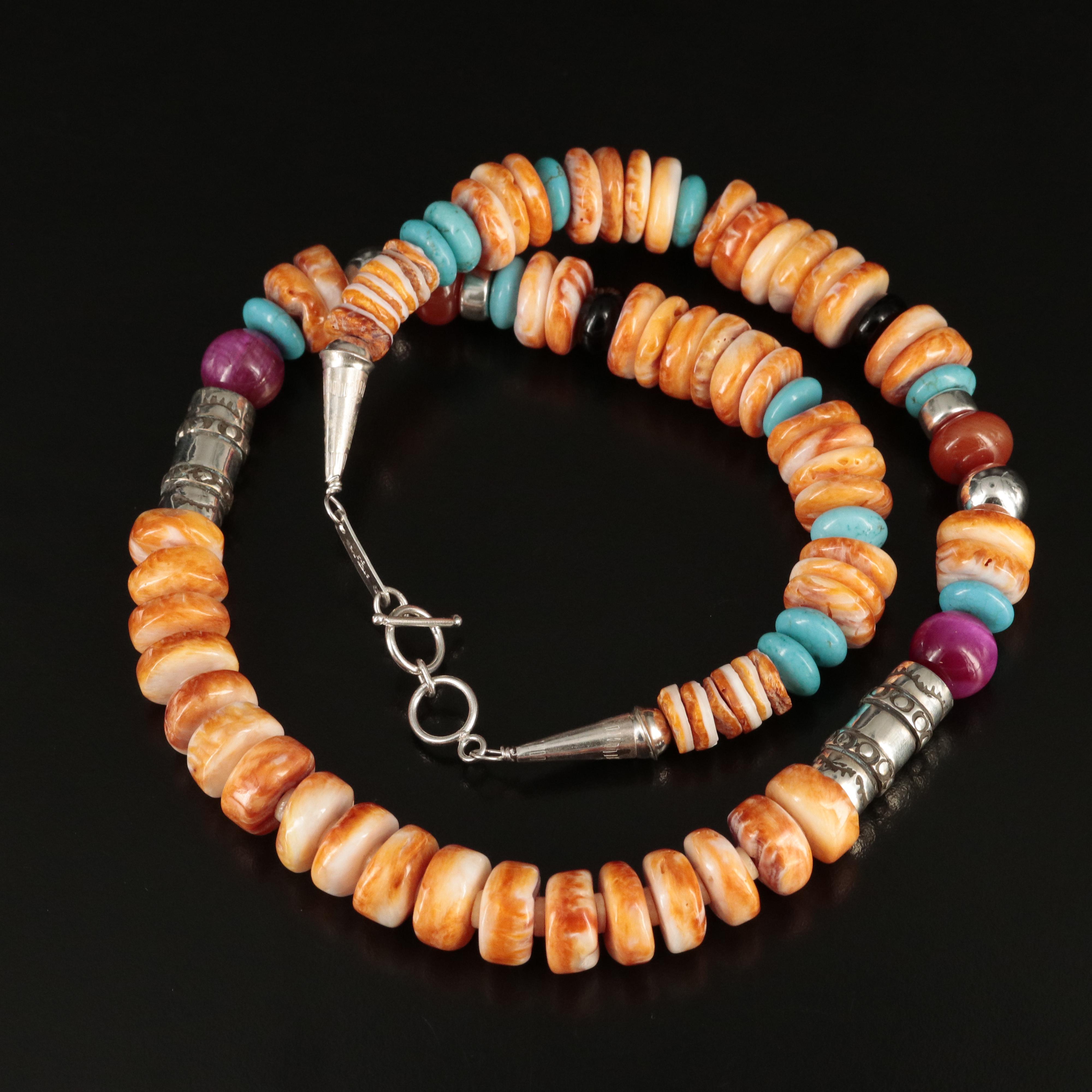 Southwestern Sterling Spiny Oyster, Agate and Black Onyx Bead Necklace