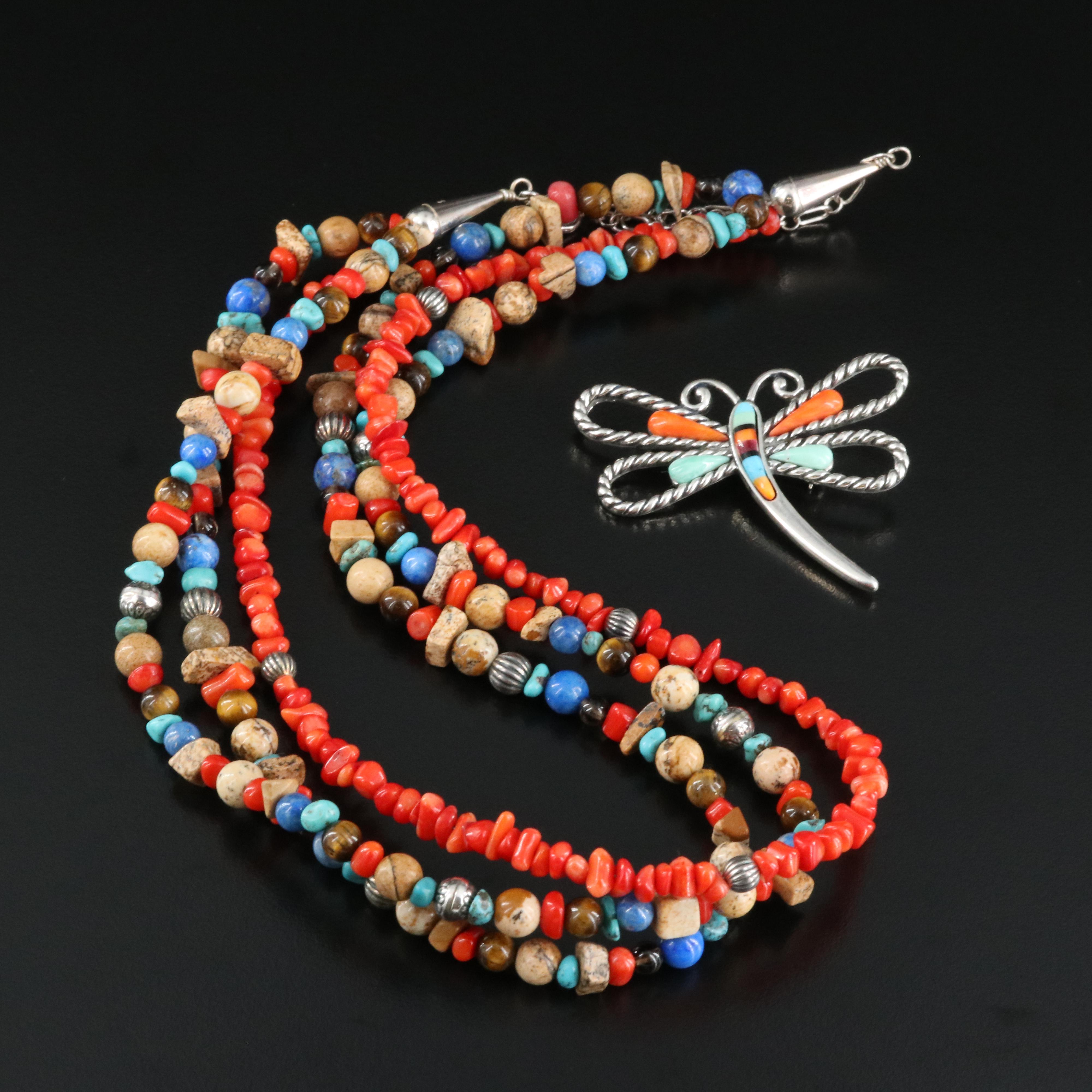 Carolyn Pollack Sterling Dragonfly Brooch with Relios Gemstone Necklace