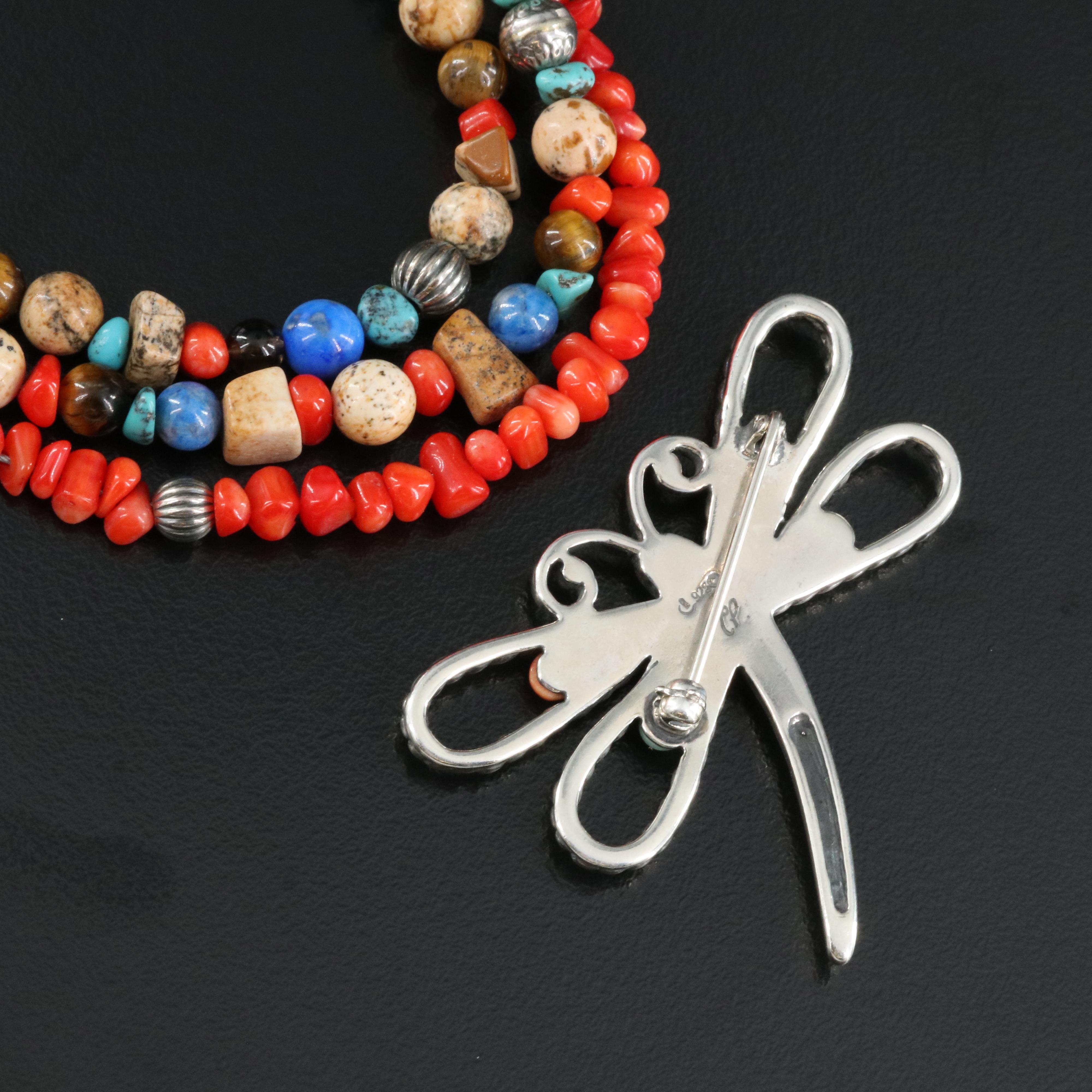 Carolyn Pollack Sterling Dragonfly Brooch with Relios Gemstone Necklace