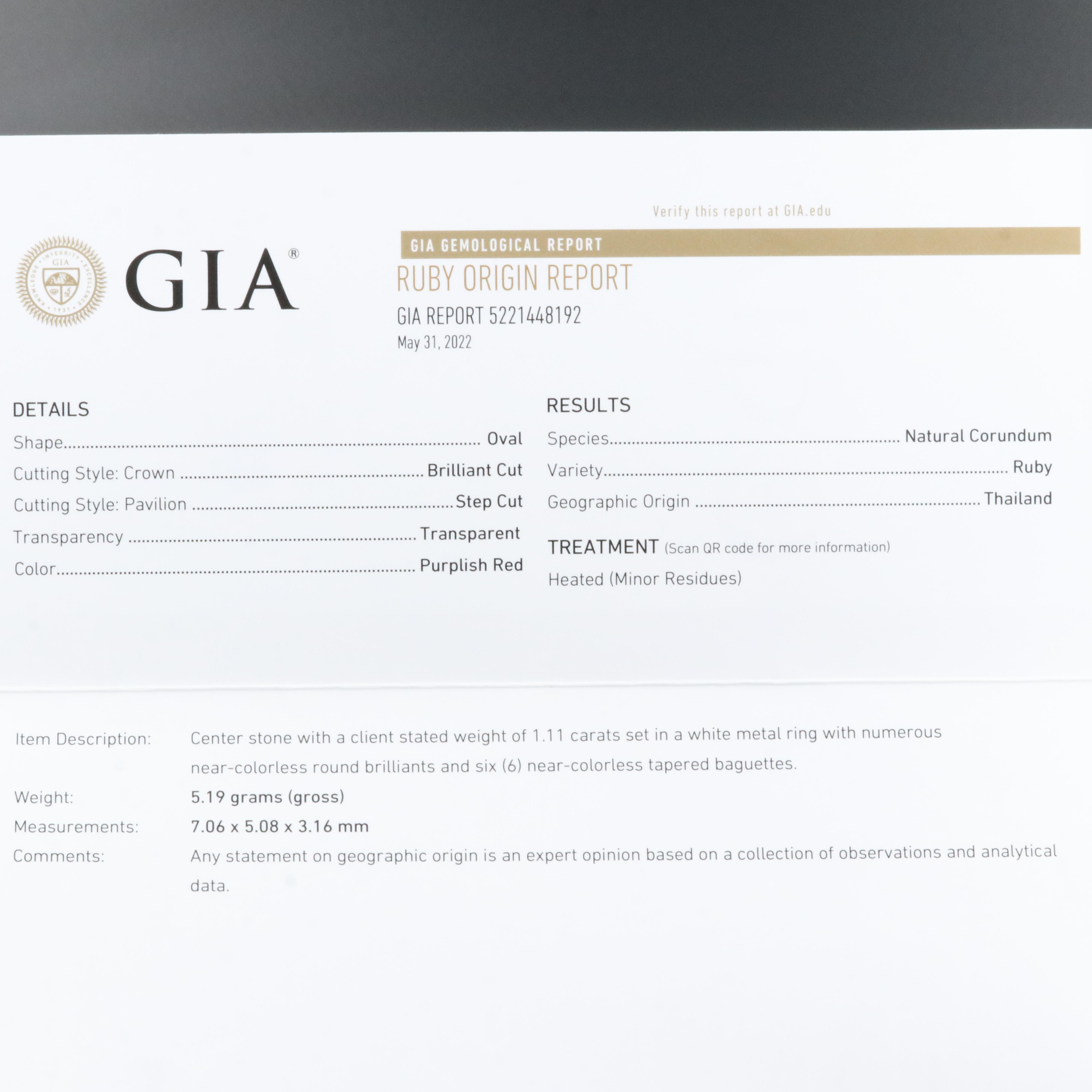 Platinum 1.11 CT Ruby and Diamond Ring with GIA Report