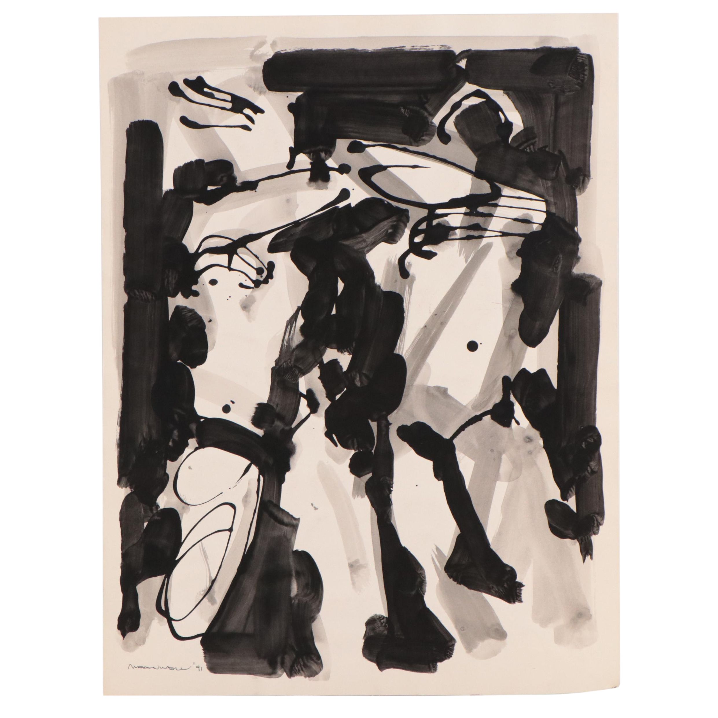 Jack Meanwell Figural Abstract Expressionist Ink Painting, 1991