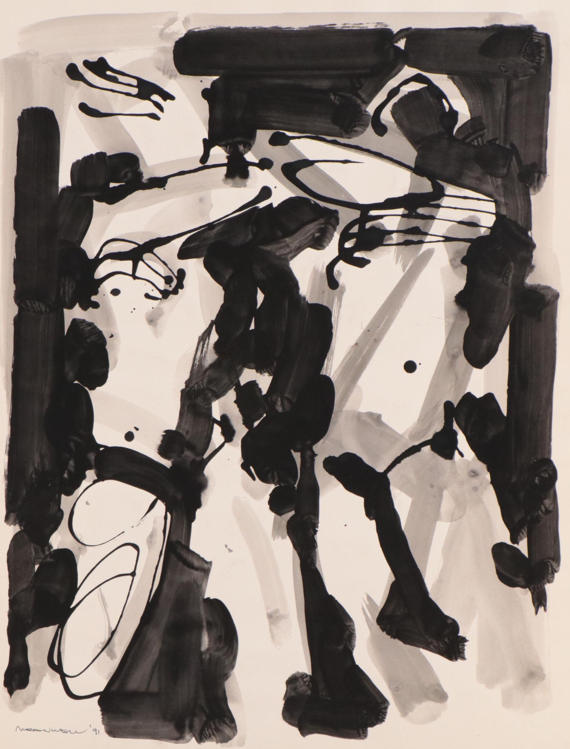 Jack Meanwell Figural Abstract Expressionist Ink Painting, 1991
