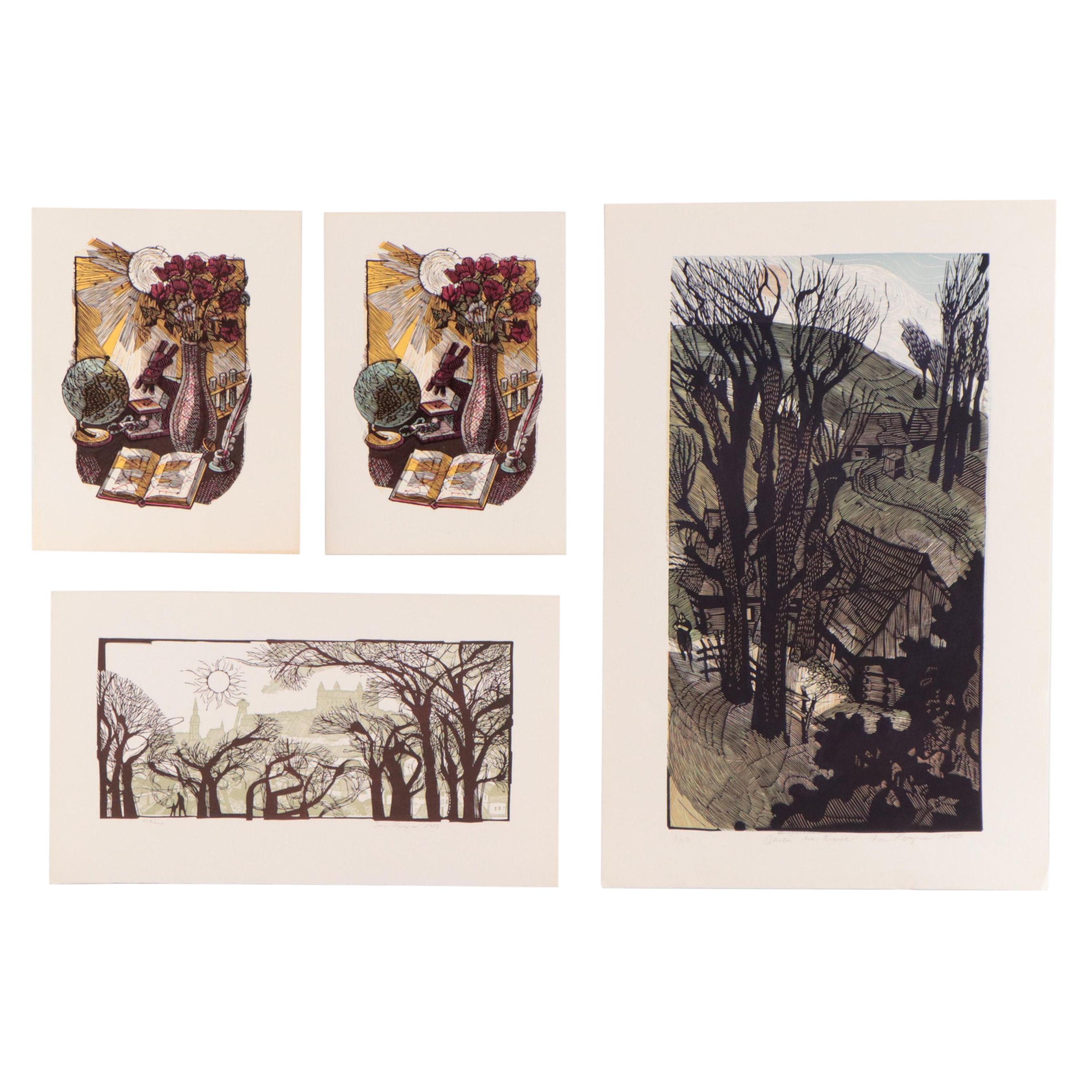Ivan Horyna Linoleum Cuts of Landscapes and Still Lives, Circa 1990