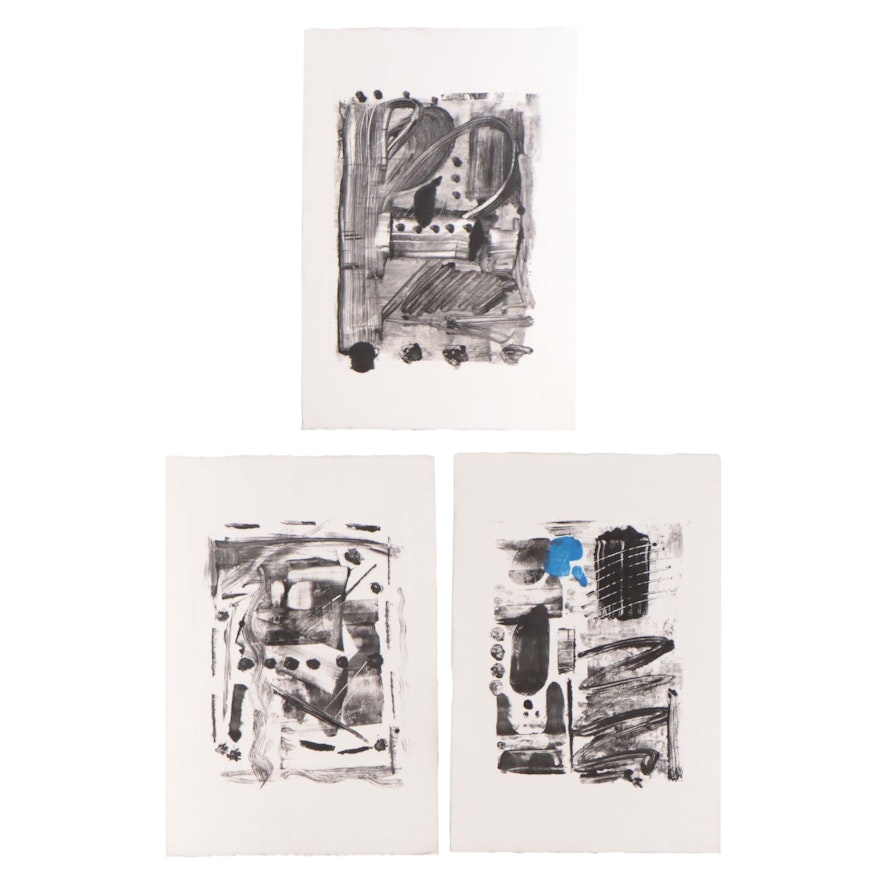 Jane Carney Abstract Non-Objective Monoprint Triptych, Late 20th Century