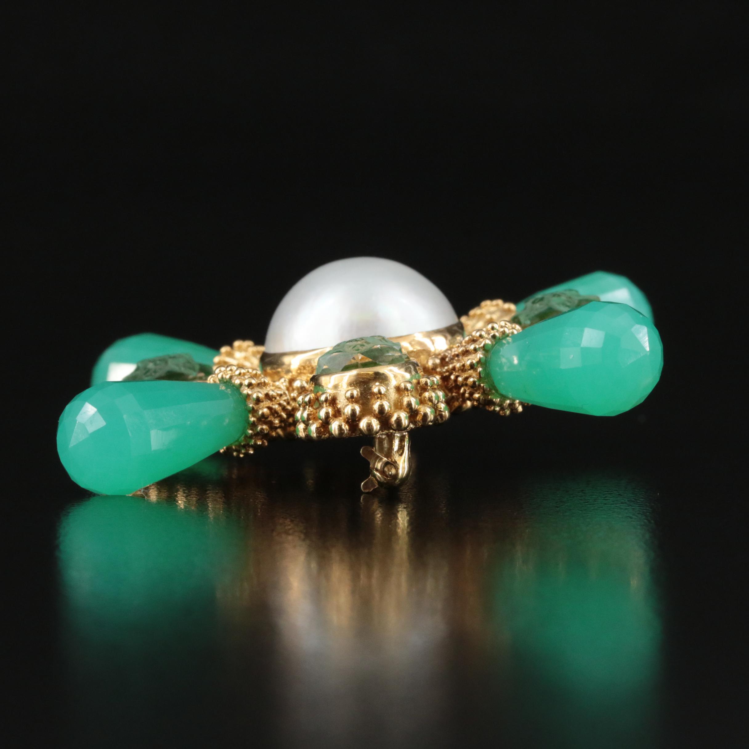 Stephen Dweck 18K Pearl, Chalcedony and Quartz Brooch with Granulation