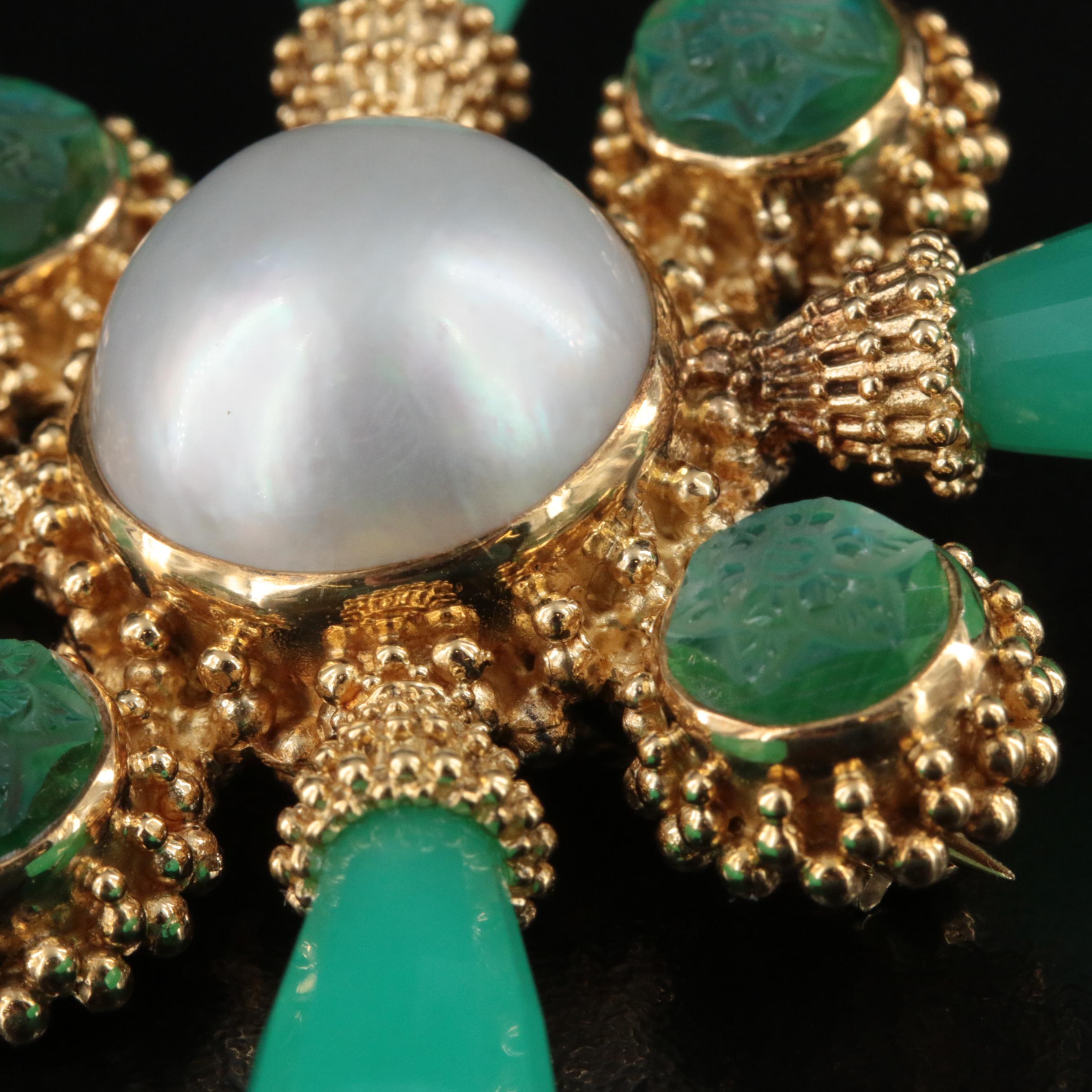 Stephen Dweck 18K Pearl, Chalcedony and Quartz Brooch with Granulation