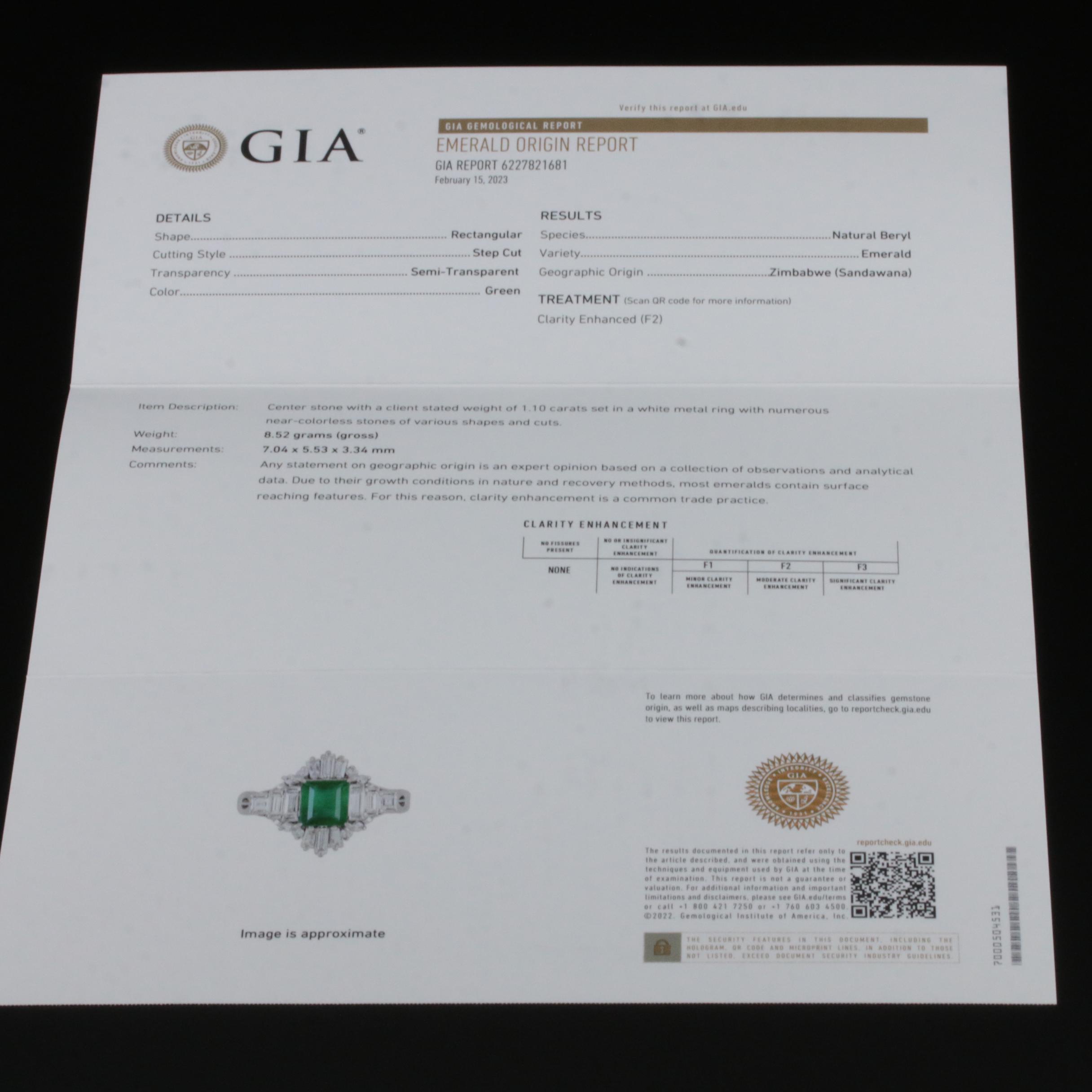 Platinum 1.10 CT Emerald and 1.02 CTW Diamond Ring with GIA Report