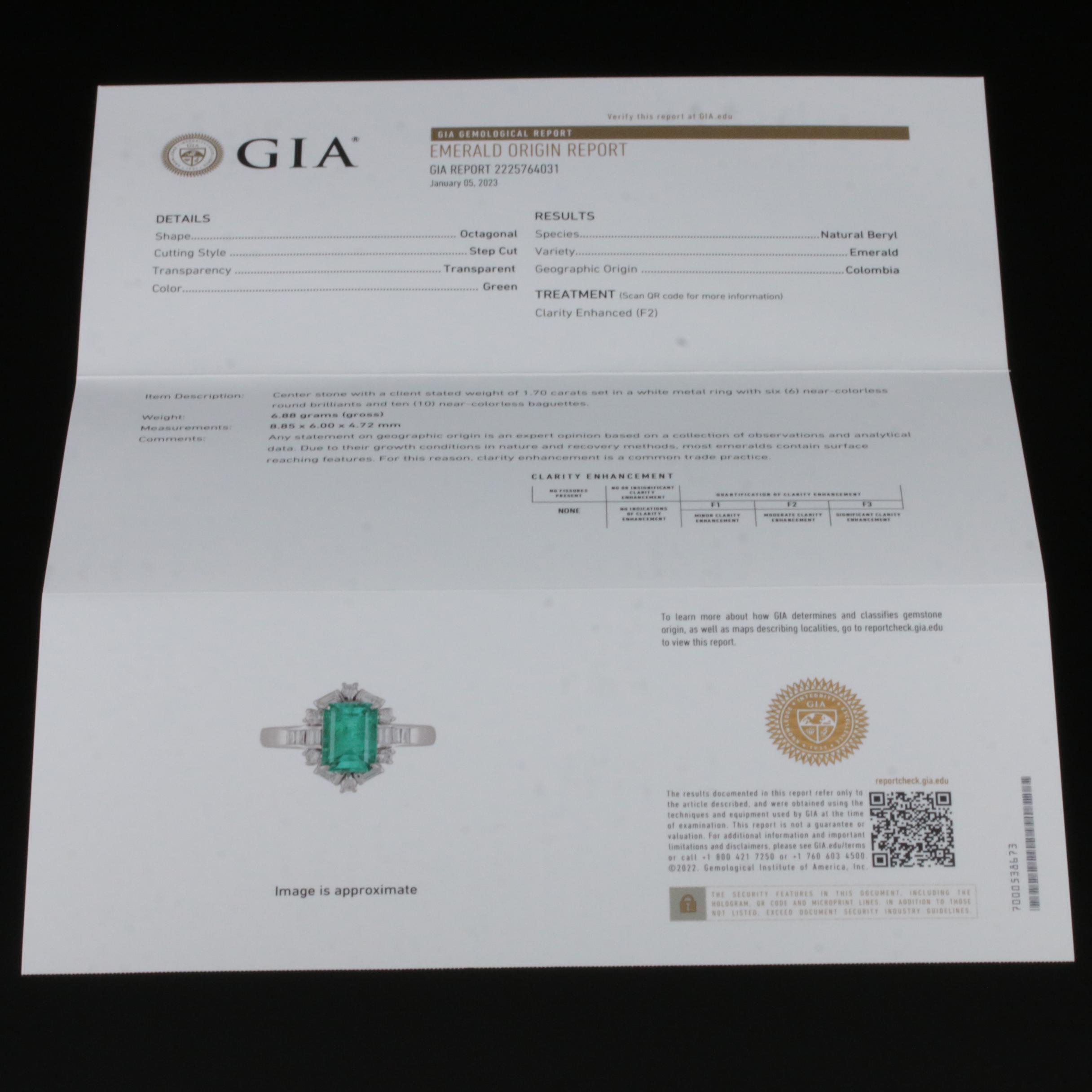 Platinum 1.70 CT Colombian Emerald and Diamond Ring with GIA Report