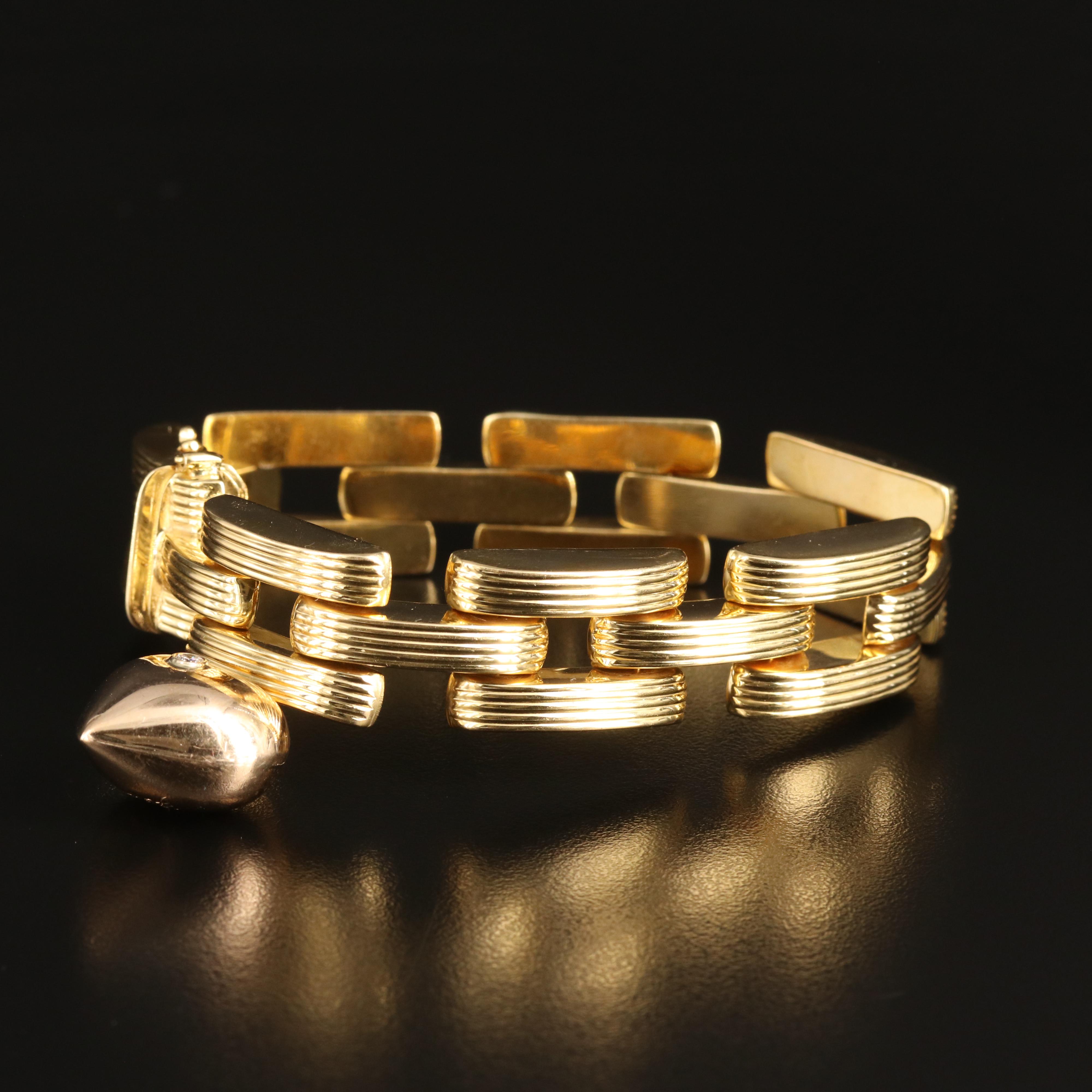 18K Panther Link Bracelet with 14K Rose Gold 0.08 CT Diamond Heart Charm