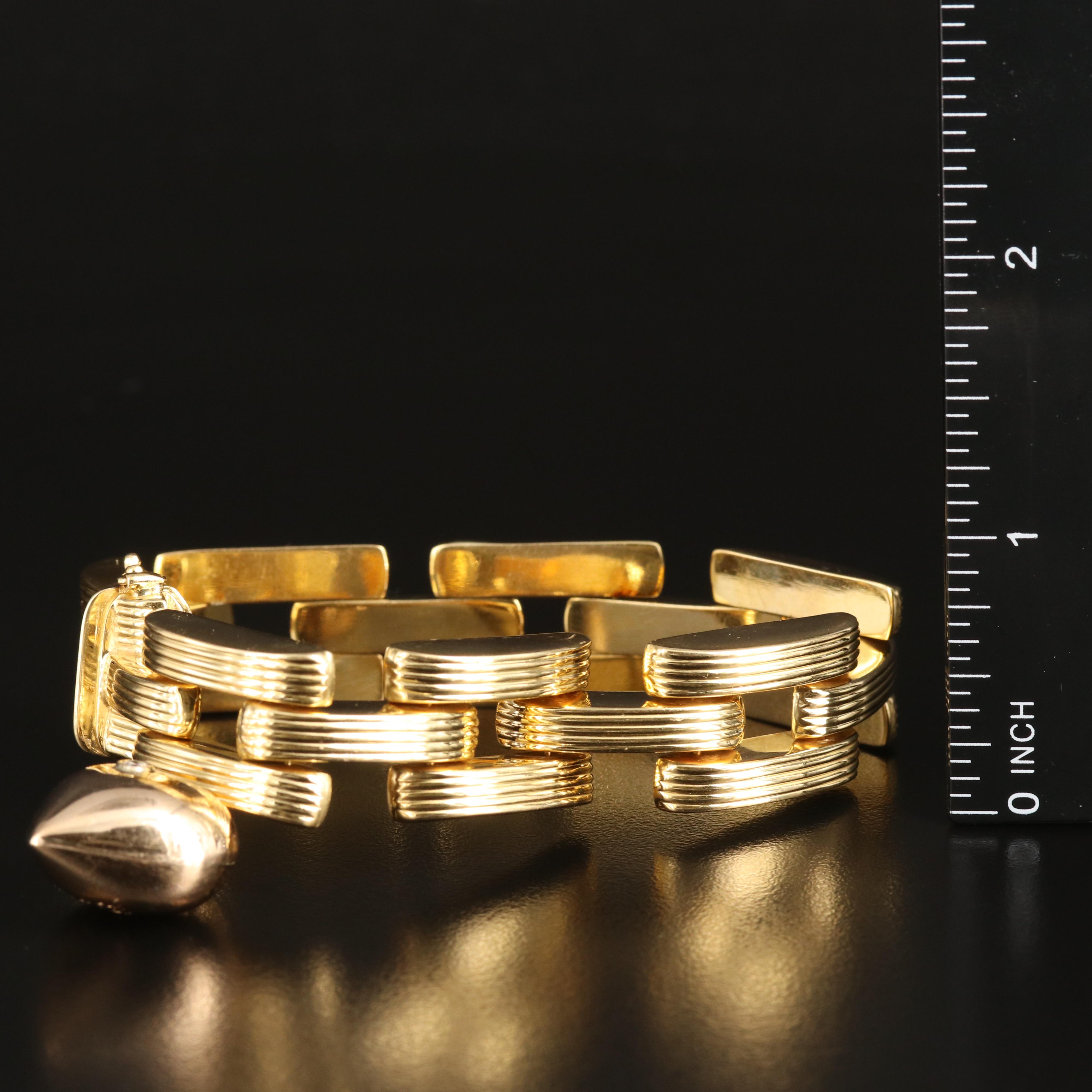 18K Panther Link Bracelet with 14K Rose Gold 0.08 CT Diamond Heart Charm