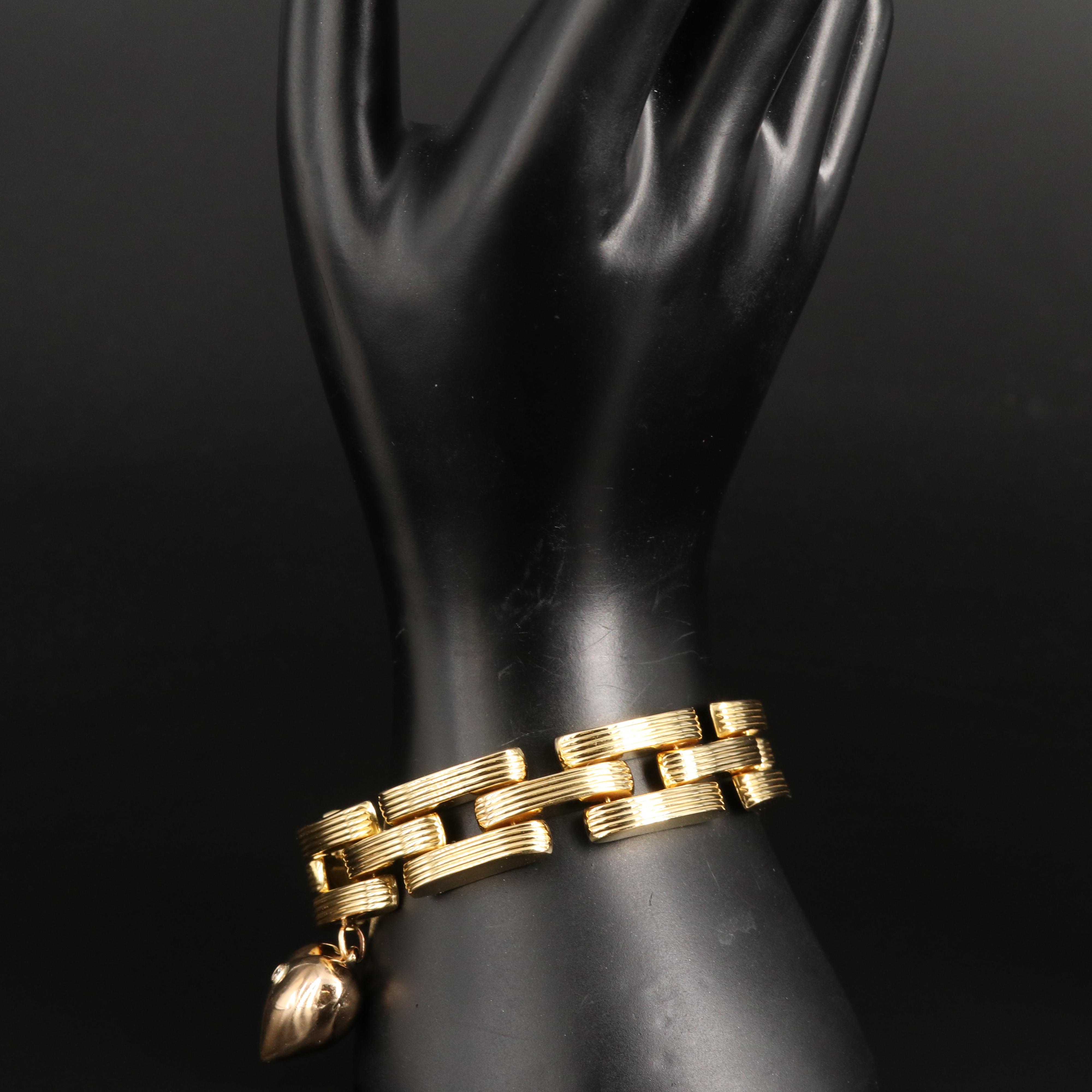 18K Panther Link Bracelet with 14K Rose Gold 0.08 CT Diamond Heart Charm