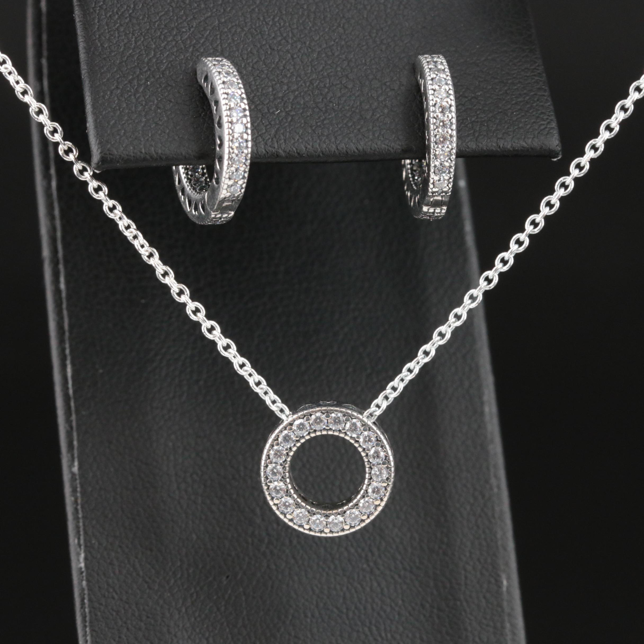 Pandora Sterling Pavé Cubic Zirconia Heart Hoop Earrings and Circle Necklace