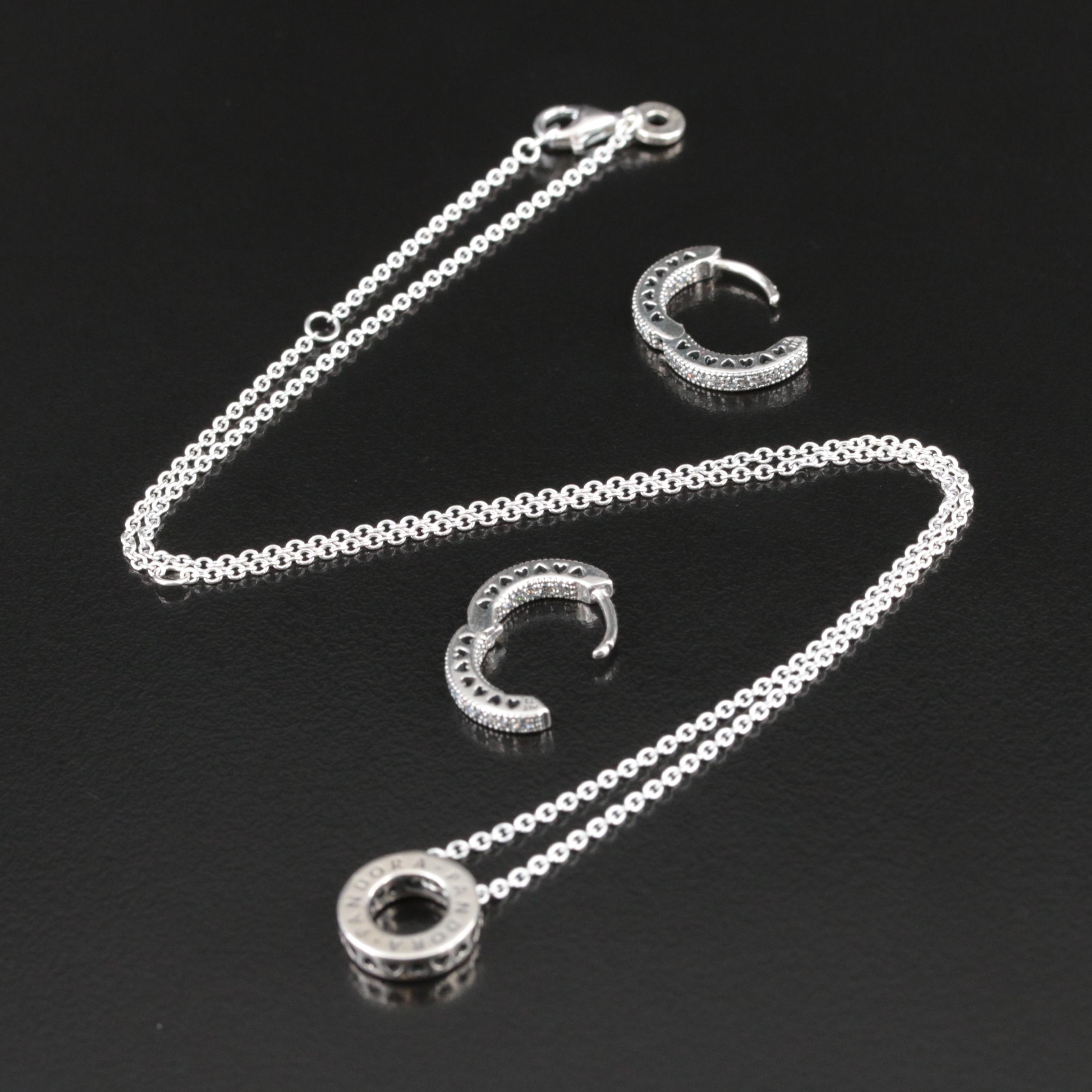 Pandora Sterling Pavé Cubic Zirconia Heart Hoop Earrings and Circle Necklace