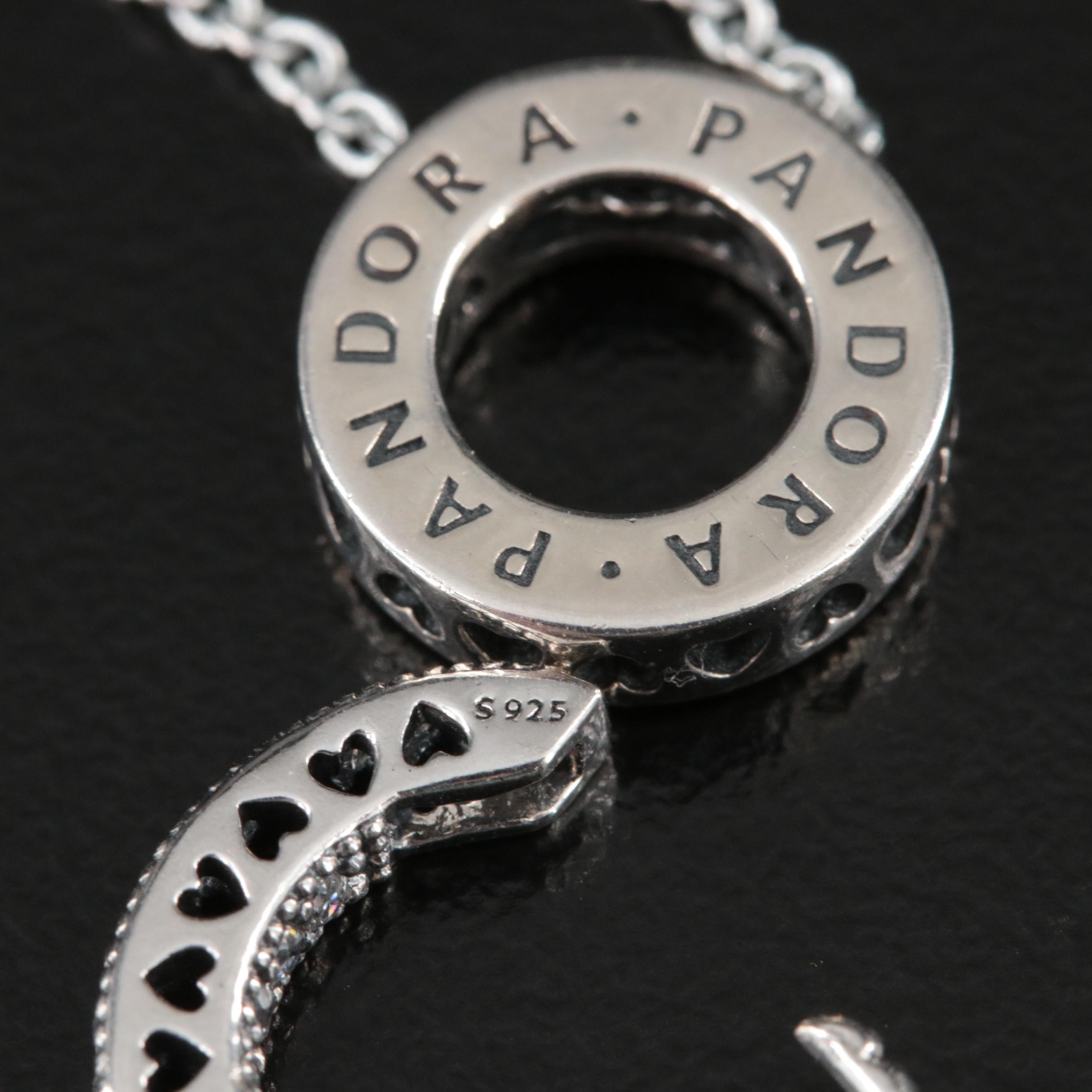 Pandora Sterling Pavé Cubic Zirconia Heart Hoop Earrings and Circle Necklace