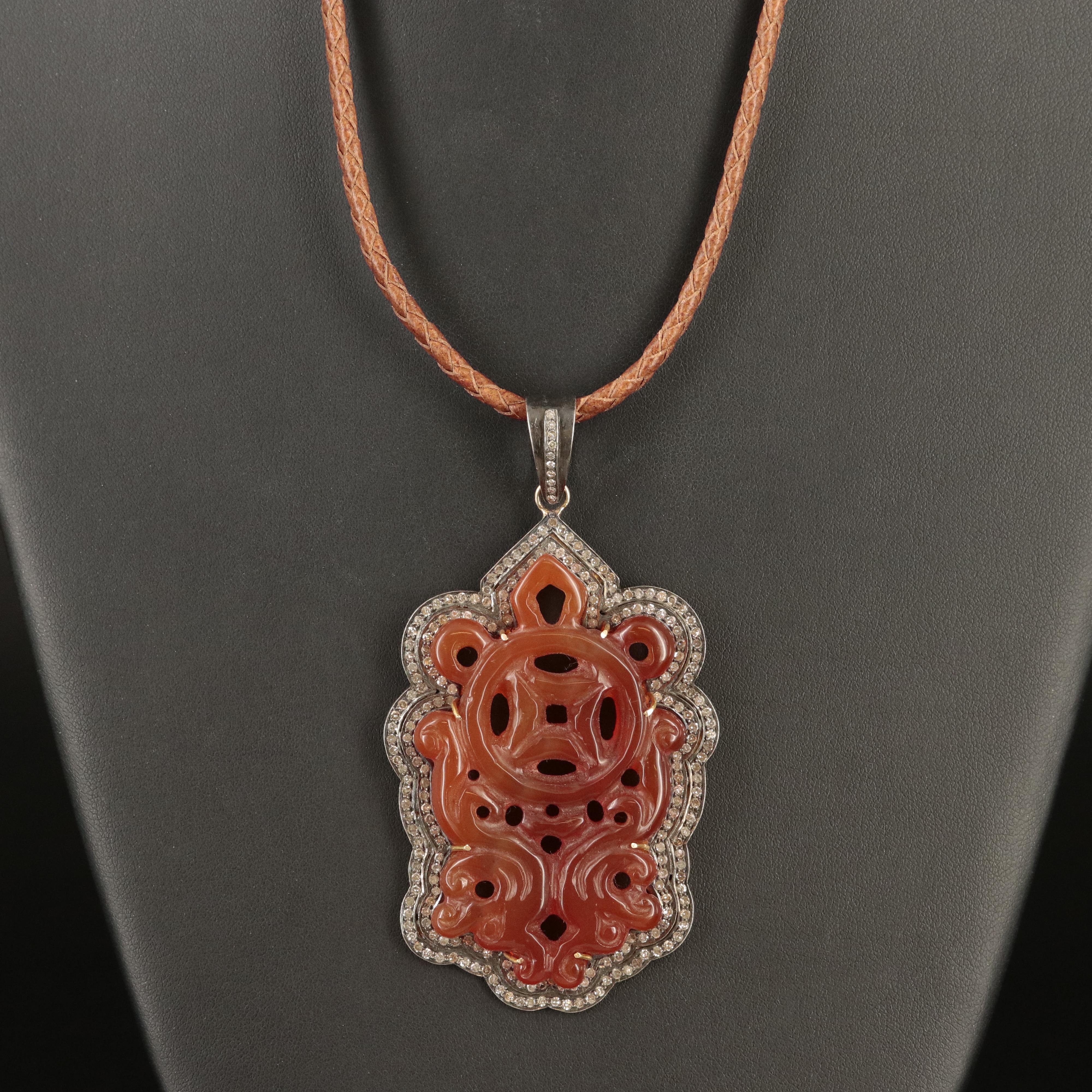 Sterling Carnelian and Diamond Pendant Necklace