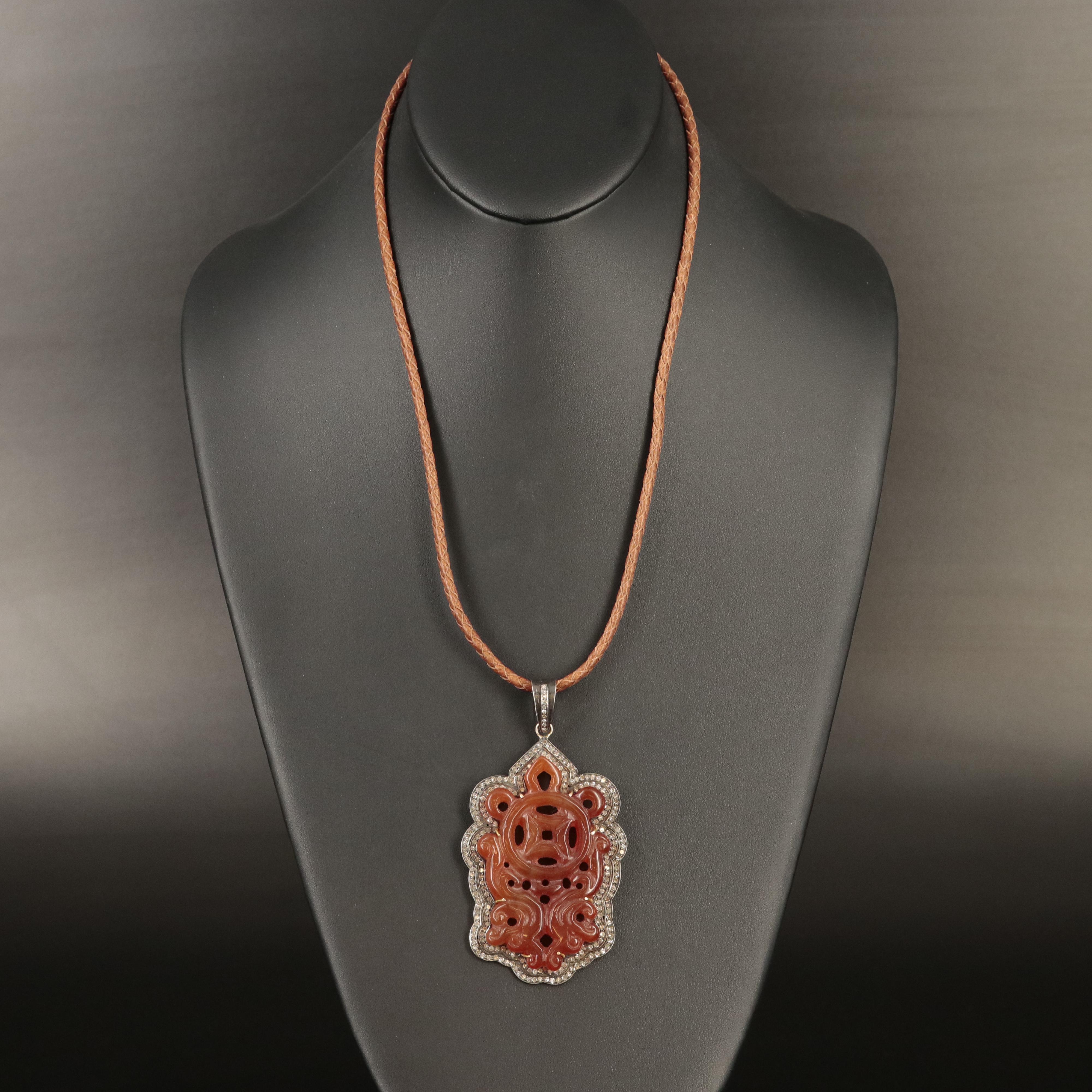 Sterling Carnelian and Diamond Pendant Necklace
